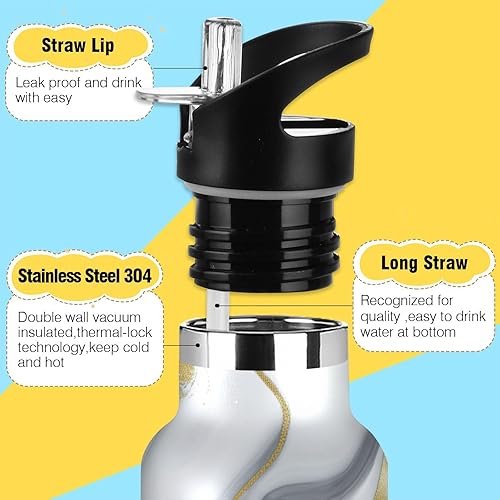 Miniatura 3 de Kids Water Bottle for School Leakproof Sports Water Bottle for Boys Girls 20oz, BPA-Free, Grey Gold Marble Texture