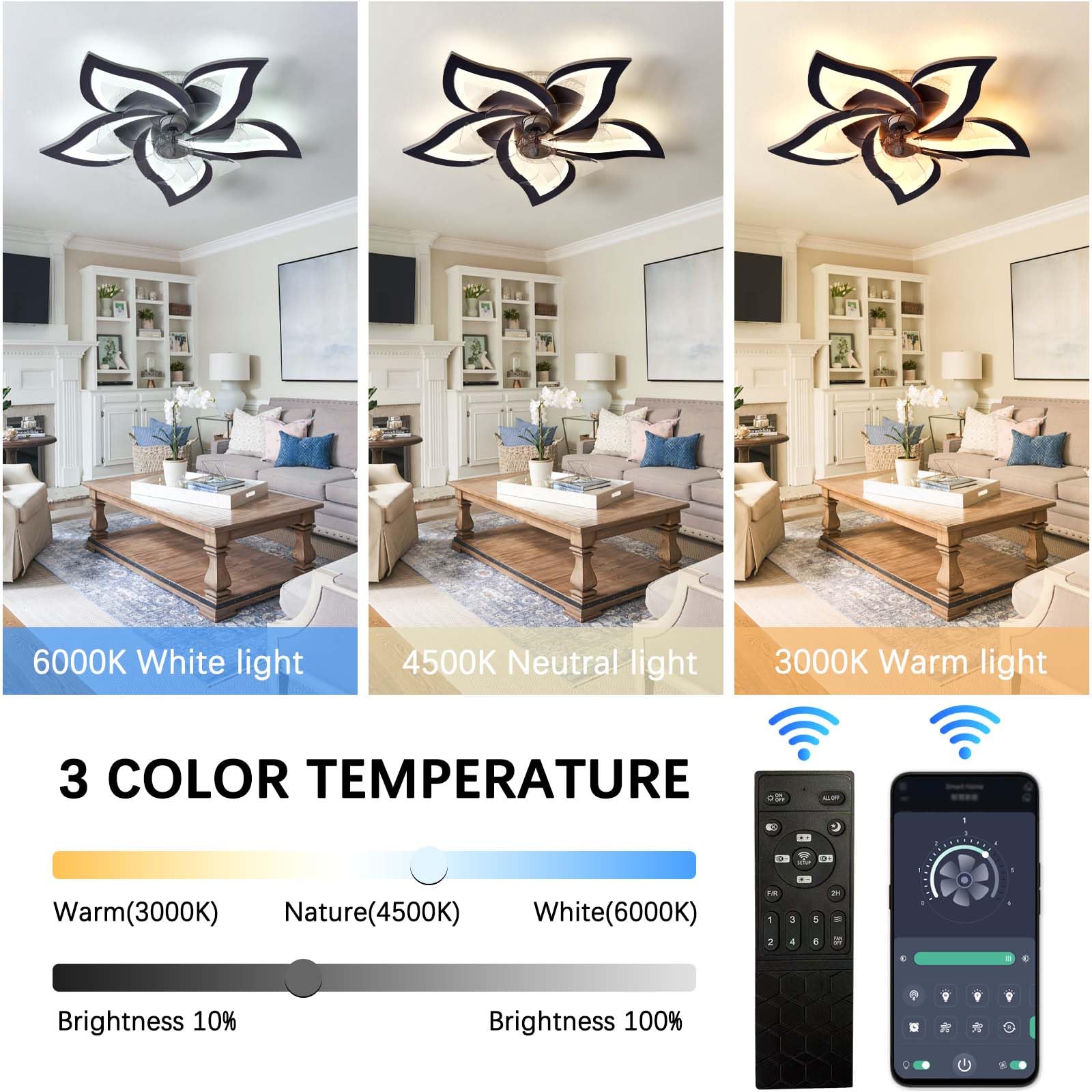 Wentylator Sufitowy z OśWietleniem LED RGB i Funkcją śCiemniania, Wentylator z Timerem, 6-Biegowy, Odwracalny, Cichy, do Salonu, Sypialni i Pokoju Gier-Black