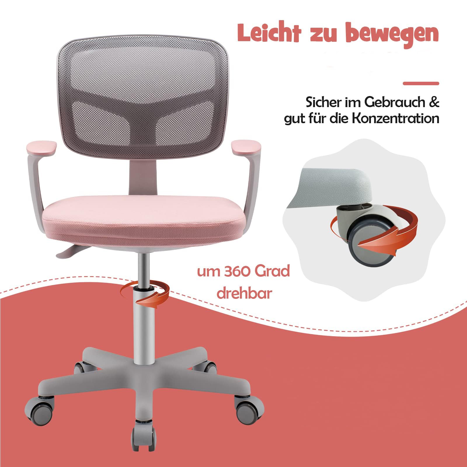 DREAMADE Kinder Schreibtischstuhl höhenverstellbar, ergonomischer Jugenddrehstuhl mit Rückenlehne & Armlehnen, Kinder Drehstuhl mit 5 Rollen, für Kinder 3-10 Jahre alt, bis 150kg belastbar (Rosa)