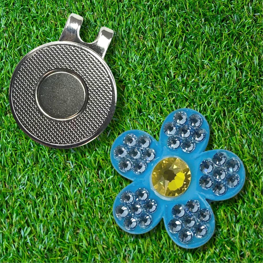 Premium Crystal Golf Ball Marker with Magnetic Hat Clip Flower (Sky - Blue/Yellow) | Perfect Golf Accessories, Golf Gift, and Golf Giveaway for Men Women with add-ons Available!
