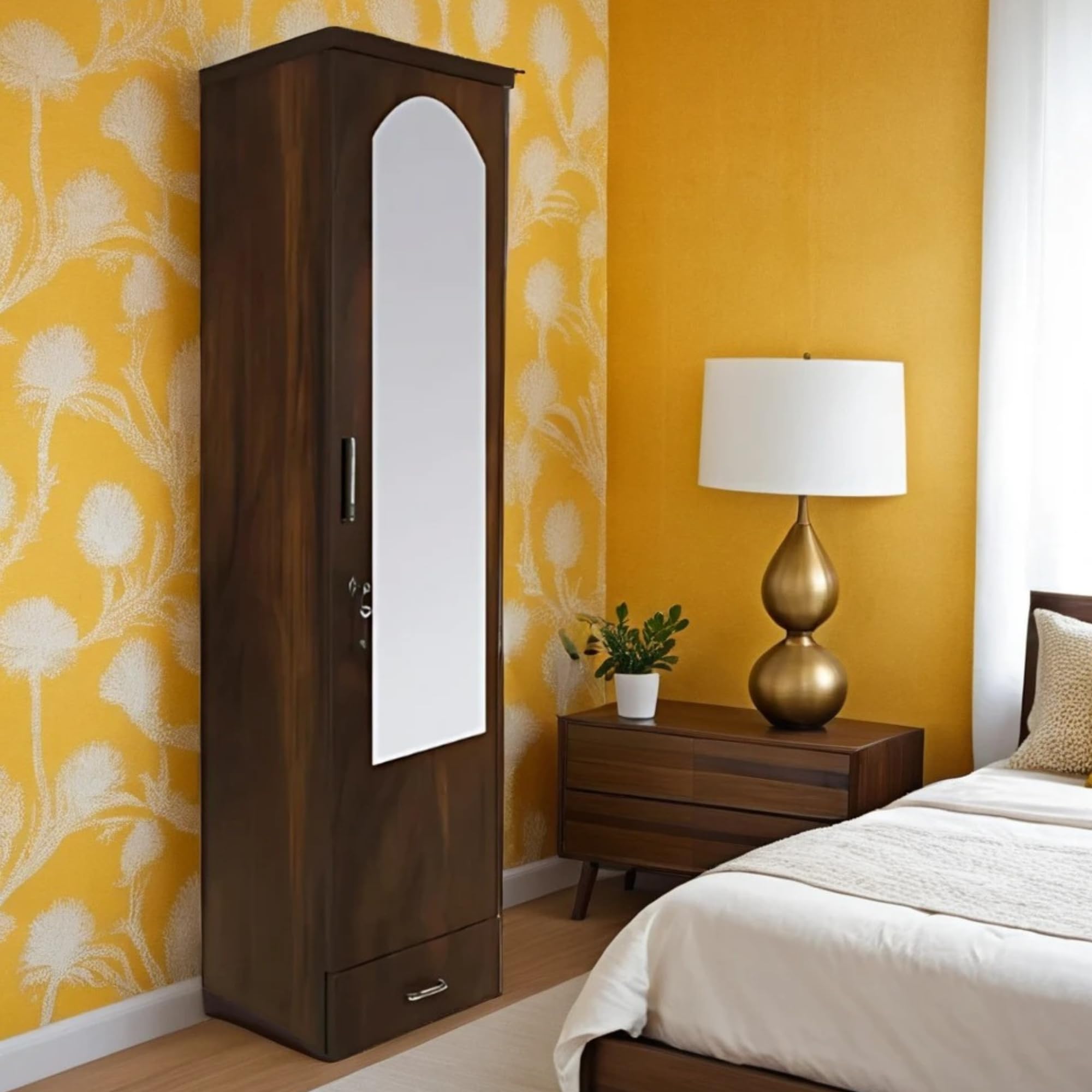 CASPIAN Furniture Wood Texture Single Door Wardrobe with Mirror Wardrobe Storage Rack Organizer Cabinet (Mirror Brown)-image-17