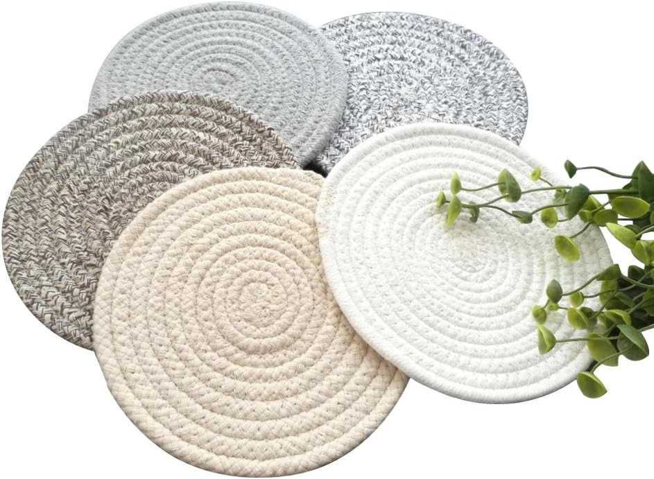 POPU Round Rop Cotton Braided Place Mats Non-Slip Mats Set of 5 Hot Trivrets Pot Holder for Dining Kitchen Hot Pads Washable Diameter 7 Inches