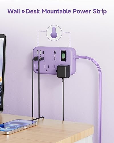 Miniatura 7 de Tira de alimentación de viaje morada, 6 USB (2 USB C), cable de extensión lavanda de 5 pies con estación de carga USB de 24 W y 4 tomacorrientes,