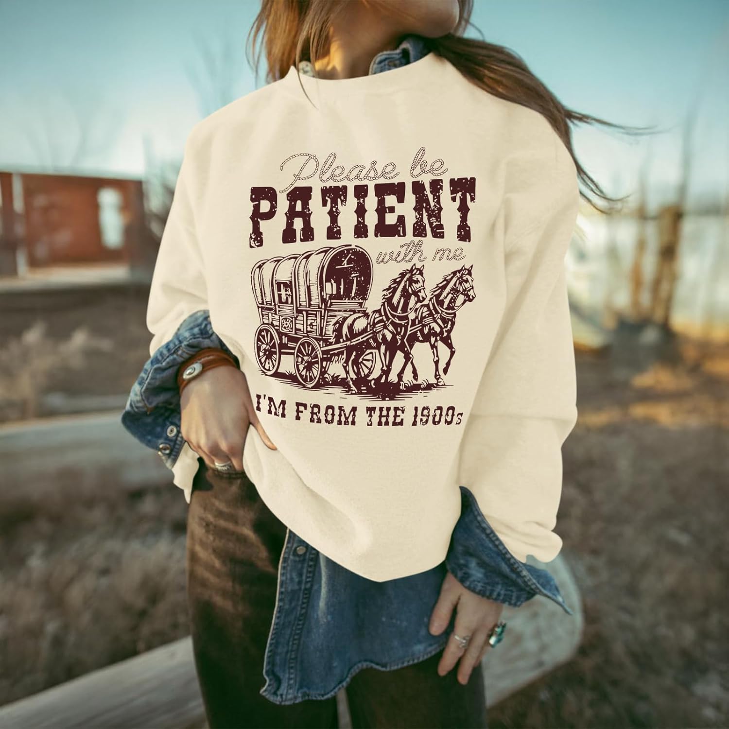 Please Be Patient With Me Im From The 1900s Sweatshirts Graphic Crewneck Sweatshirt Women Funny Long Sleeve Pullover - Image 3