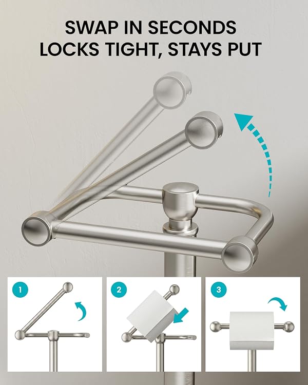 KALLYNB Freestanding Brushed Nickel Toilet Paper Holder Stand, 4.82 LB Weighted Base Toilet Paper Stand, 304 Stainless Steel PVD One-Piece Pole, Pivoting Arm Fits Mega Rolls, No Drilling, 22 Inch by KALLYNB - Image 5