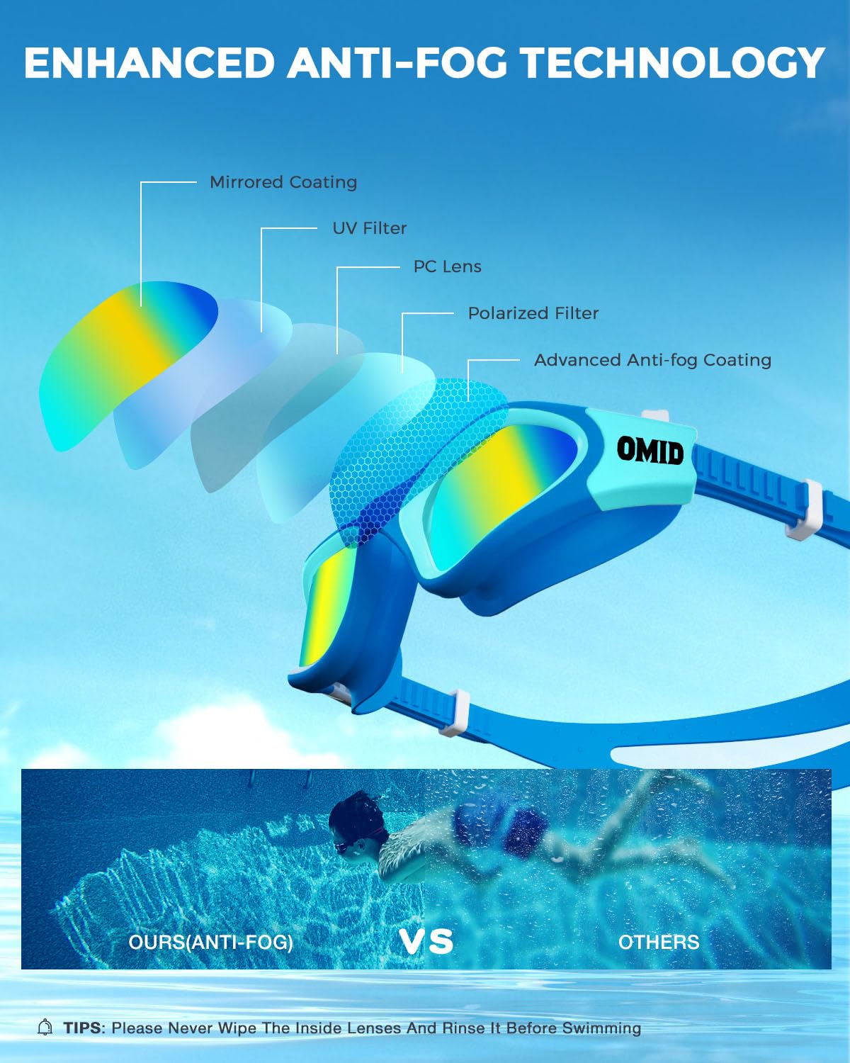 OMID enfants lunettes de natation p2mini polarisées pour les enfants de 6 à 14 ans