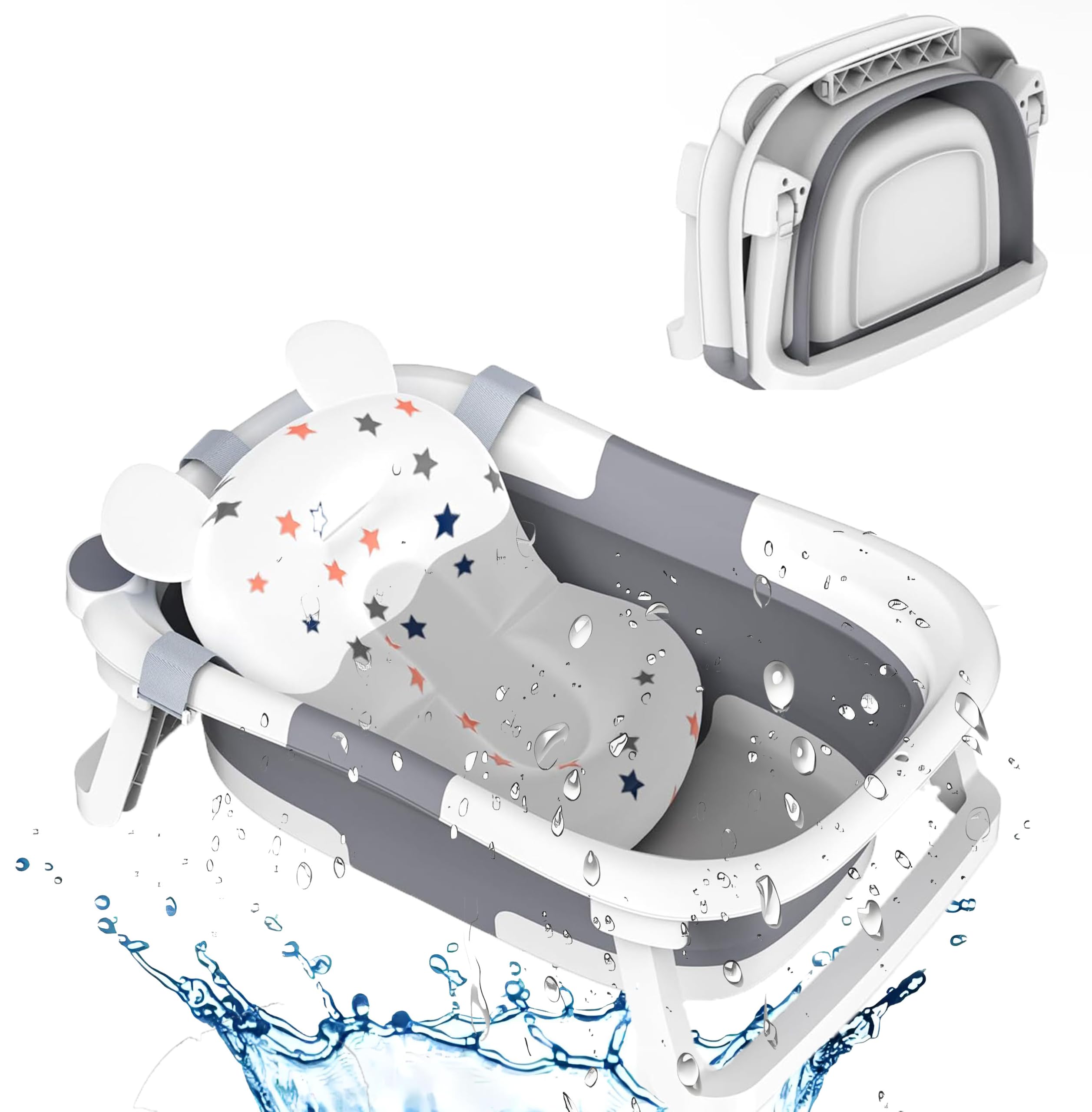 LBOYLOVEBaby Bath Tub,Collapsible Toddler BathTub with Baths Support Cushion Pad Seat Mat,Baby Bathtub Newborn to Toddler 0-24 Months,Baby Essentials for Newborn Portable Travel Baby Bath Tub
