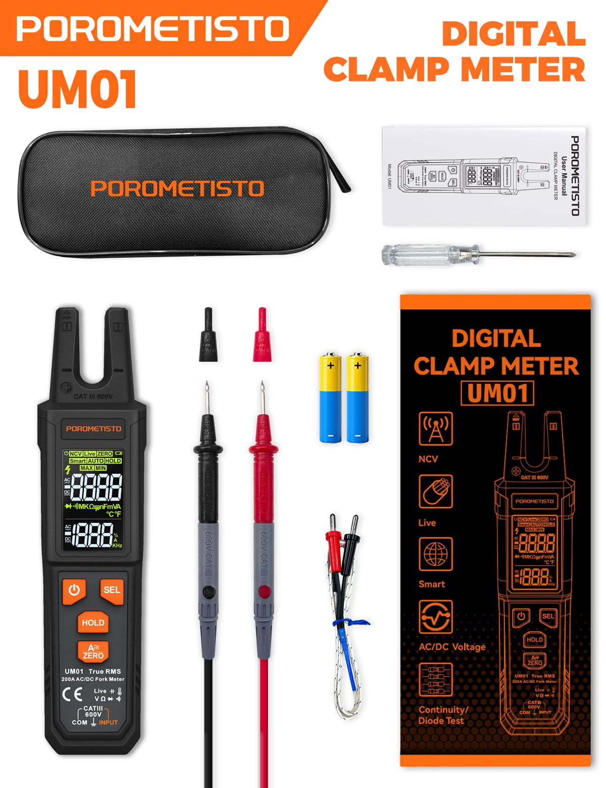Pinza Amperometrica Professionale UM01 Morso a U POROMETISTO 4000 TRMS | Milliampere Multimetro Digitale Autorange, Auto-ID AC/DC, NCV, Live, Resistenza, Capacità, Temperatura, 1000V Tester