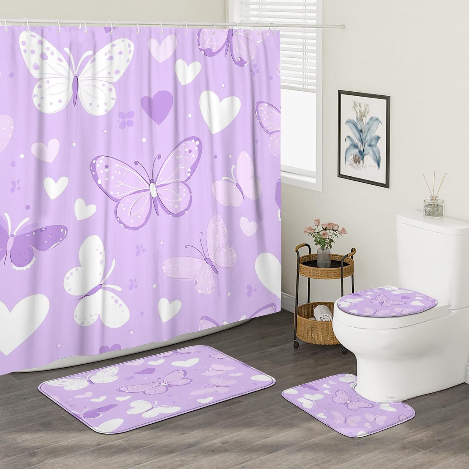 4PCS Violet Cute Butterflies Bathroom Accessory Sets with Non-Slip Rug, U Shape and Toilet Lid Cover Mat, Kawaii Fun Kids Bathroom Curtain Fabric Decor-72''x72''