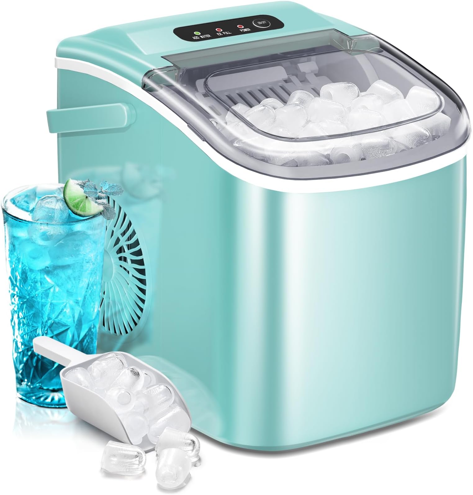 AGLUCKY Portable Ice Maker Machine Countertop with Handle,26Lbs/24H,9 Bullet Ice Ready in 7 Mins,Self-Cleaning Function with Ice Scoop and Basket,Ideal for Home Office Kitchen (Green)