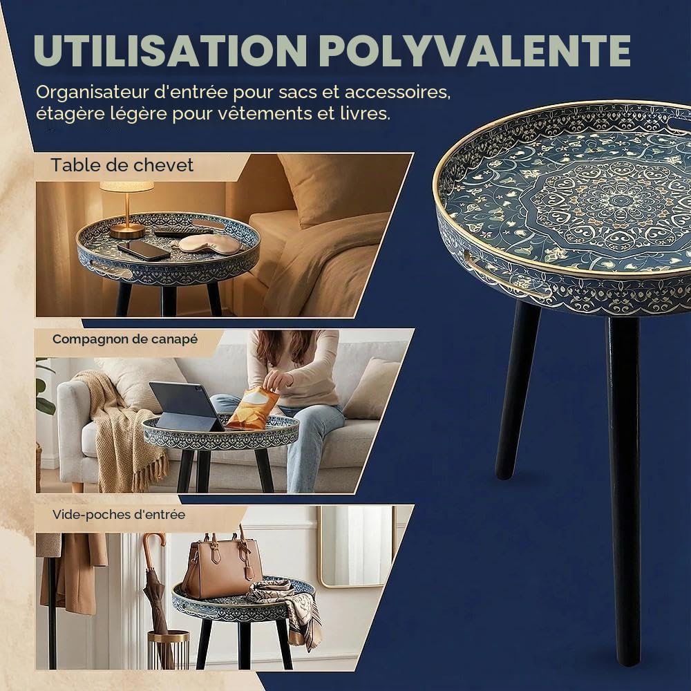 Tables d'appoint rondes d'extérieur avec 3 pieds en bois détachables, table plateau polyvalente, parfaite pour table basse ronde à café et à thé, et moment de détente 45 cm (Bleu Maze)
