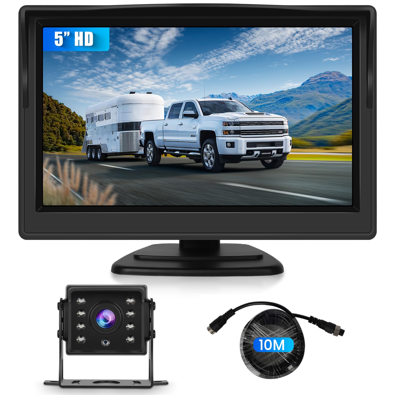 VECHTE Cámara Marcha Atras 5 Pulgadas IPS HD Monitor 1 Cámara Trasera Coche de Visión Nocturna Imperme IP68 para Coche Camiones Autobuses Furgonetas Camiones, 10m Cable