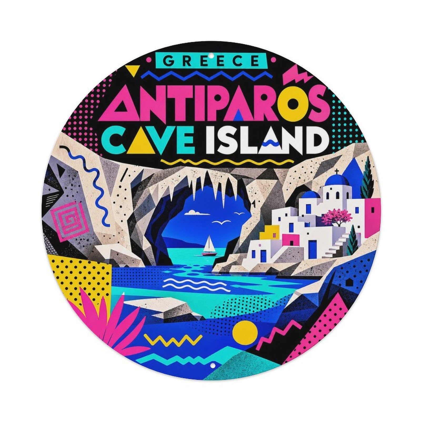 Antiparos Cave Island Greek Color Block Harbor Landmark Metal Tin Sign