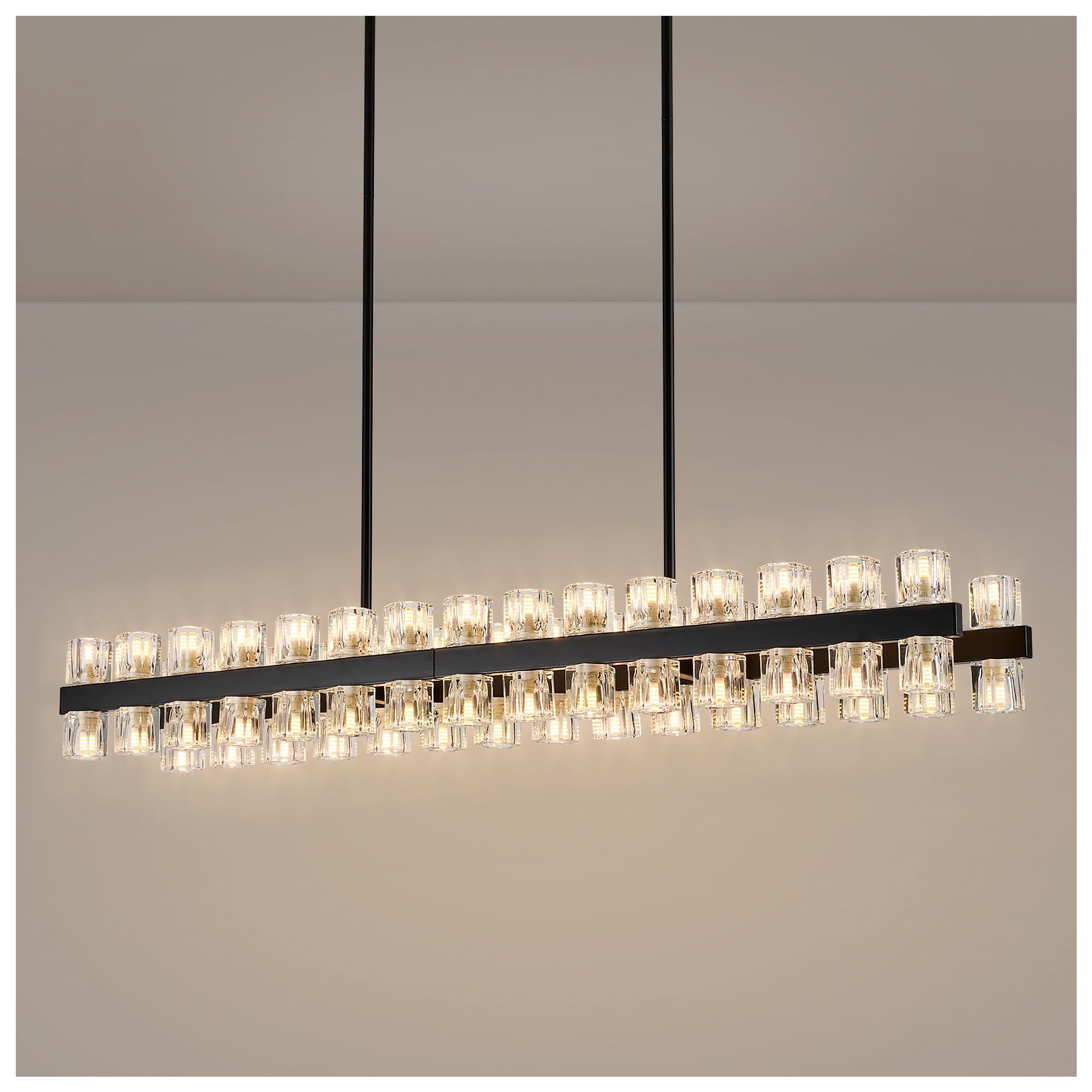 54 Inch Black Crystal Linear Chandelier Modern Large Rectangle 60-Lights Pendant Lighting Fixture Adjustable Height for High Ceilings