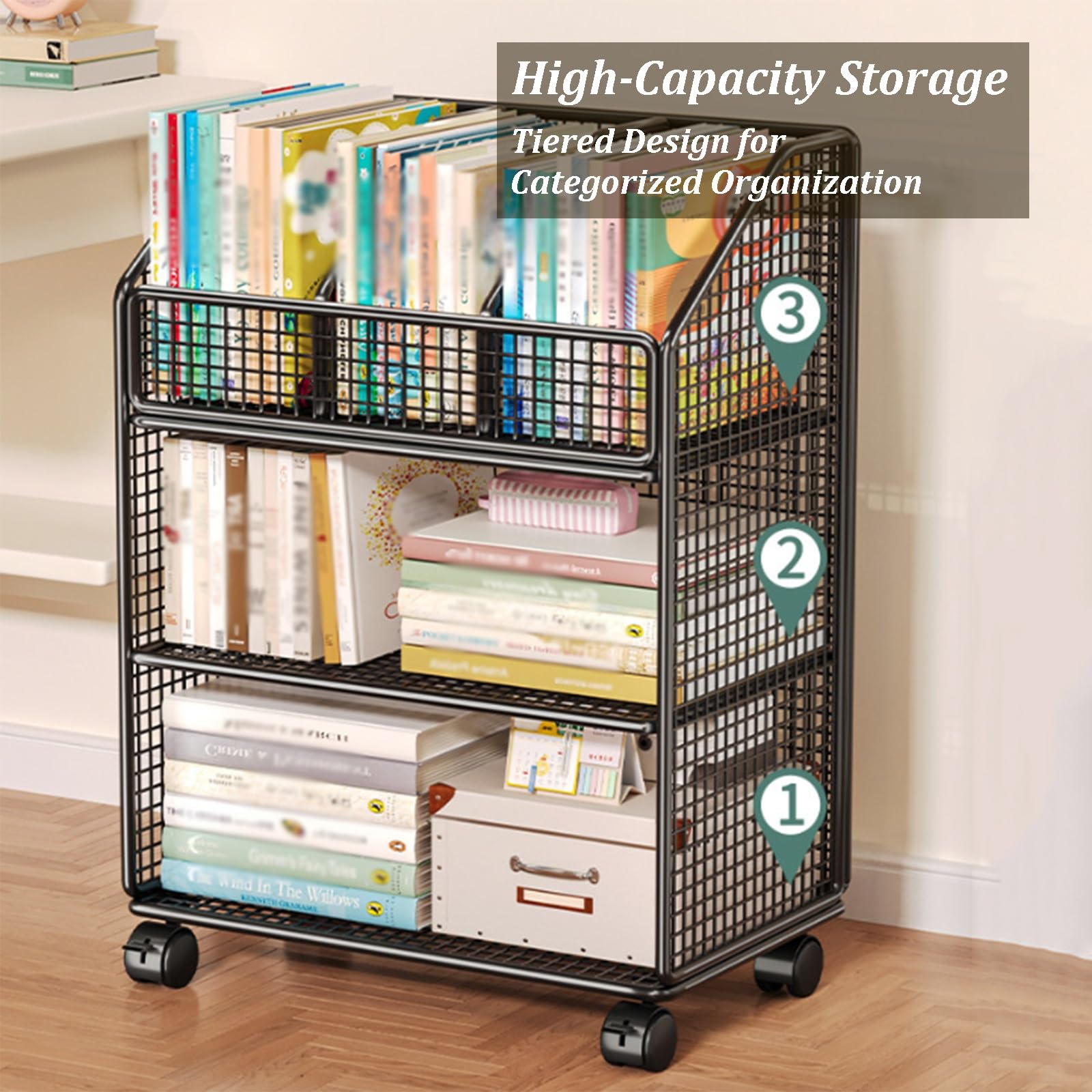 Rollbarer Bücherwagen, 3-stufiges Fahrbares Bücherregal Aus Metall, Schmaler Organizer-Wagen Für Aktenordner, Ideal Für Büro, Schule, Wohn- Und Schlafzimmer(White)