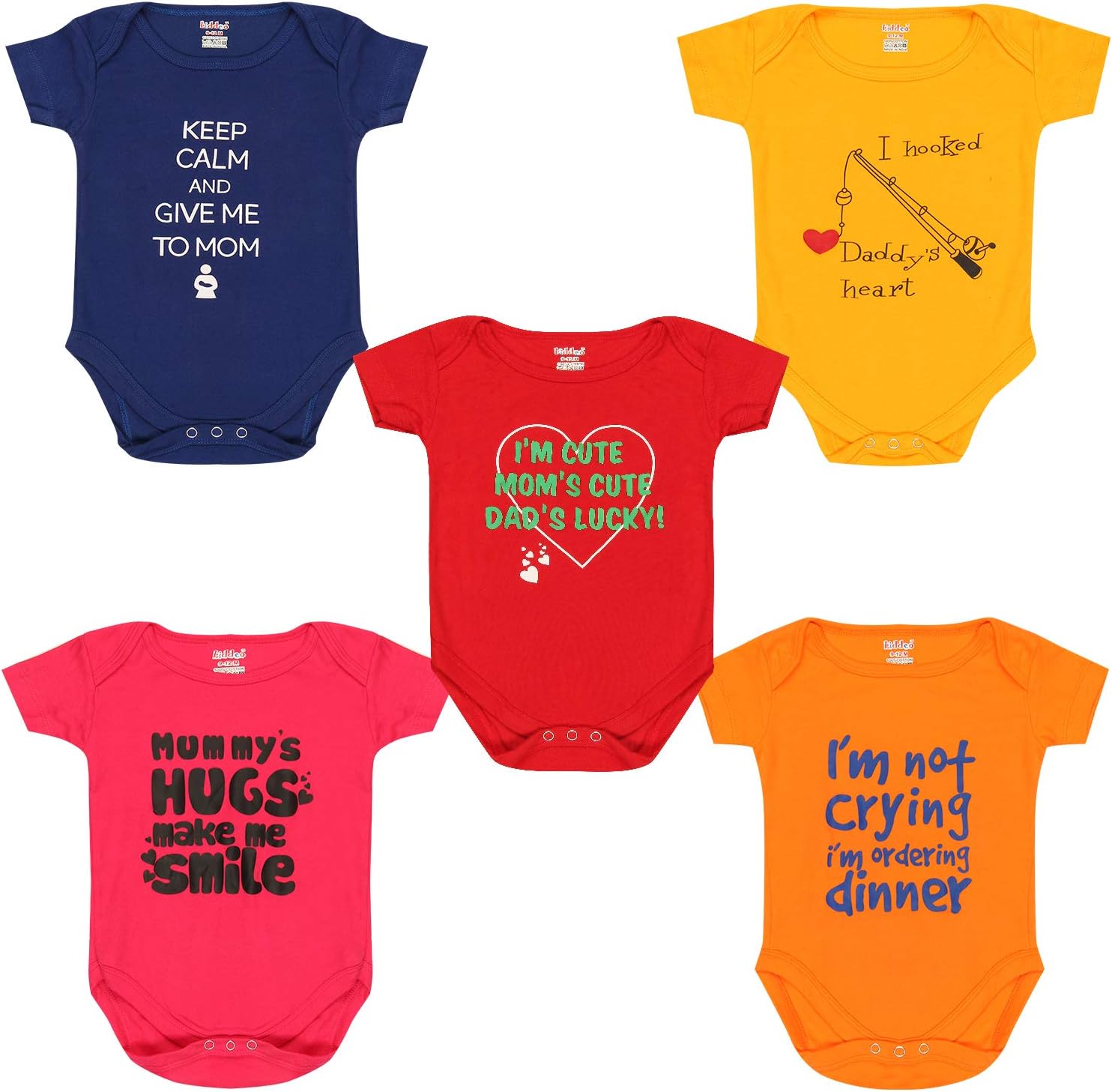 kiddeo New Born Baby Multi-Color 100% Cotton,Very Soft fabric and funky quotes printed Sleep Suit Romper, Body Suit for Boys and Girls Combos(Pack of 5)