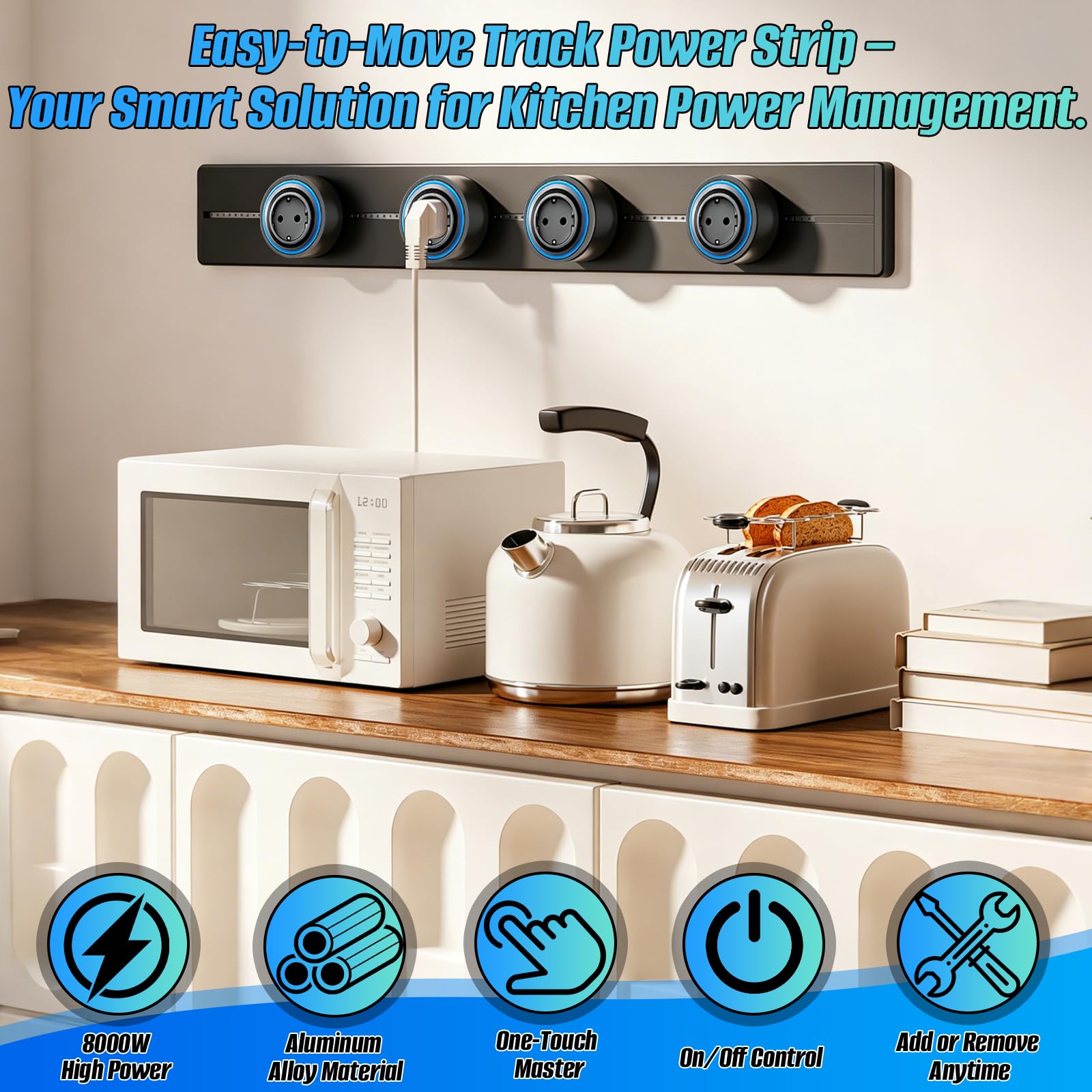 Binario Elettrico a Vista 50 cm, con 4 Prese Eu – Moduli Scorrevoli, Alimentazione Rotante On/Off, Facile Installazione Senza Incasso A Parete, Ideale Per Cucina, Soggiorno E Camera Da Letto