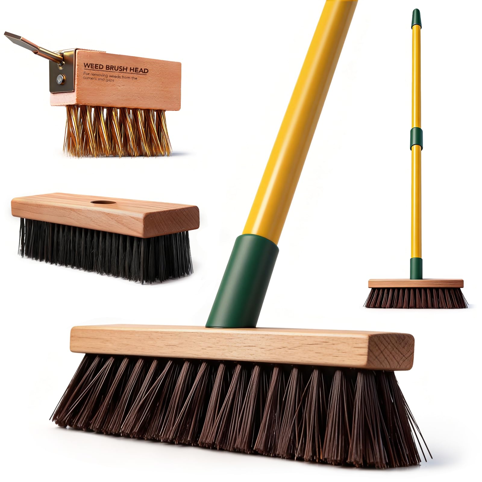 EcoBuild 3-in-1 Telescopic Garden Cleaning Brush Set – Metal Pole with Nylon, Wire & Gap Brushes for Weeds, Moss, Algae, Patios, Driveways & Outdoor Floors