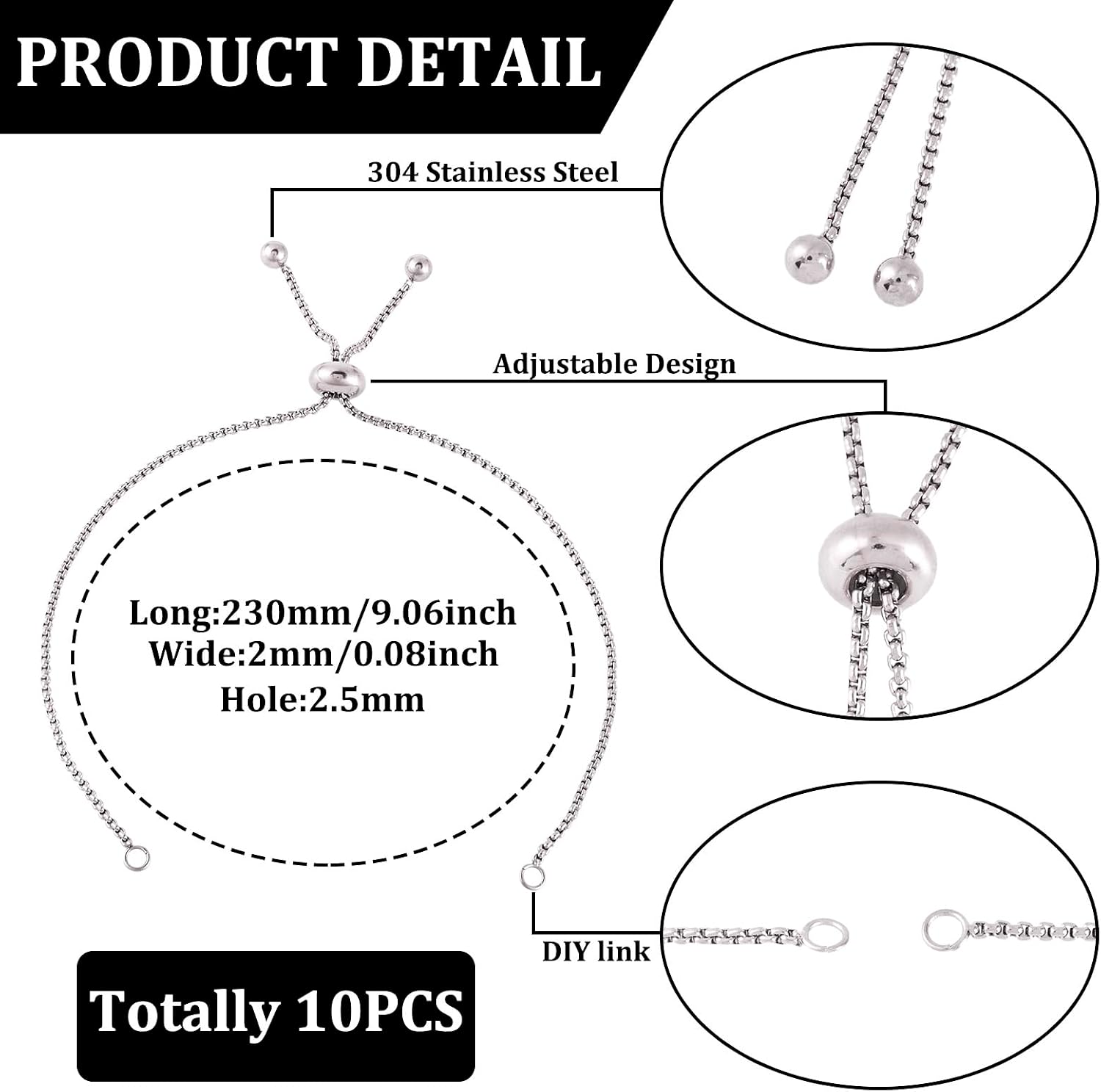 FASHEWELRY 10Pcs Stainless Steel 9" Slider Extender Box Chain Bracelet Adjustable with Ball End for Bracelet Jewelry Making