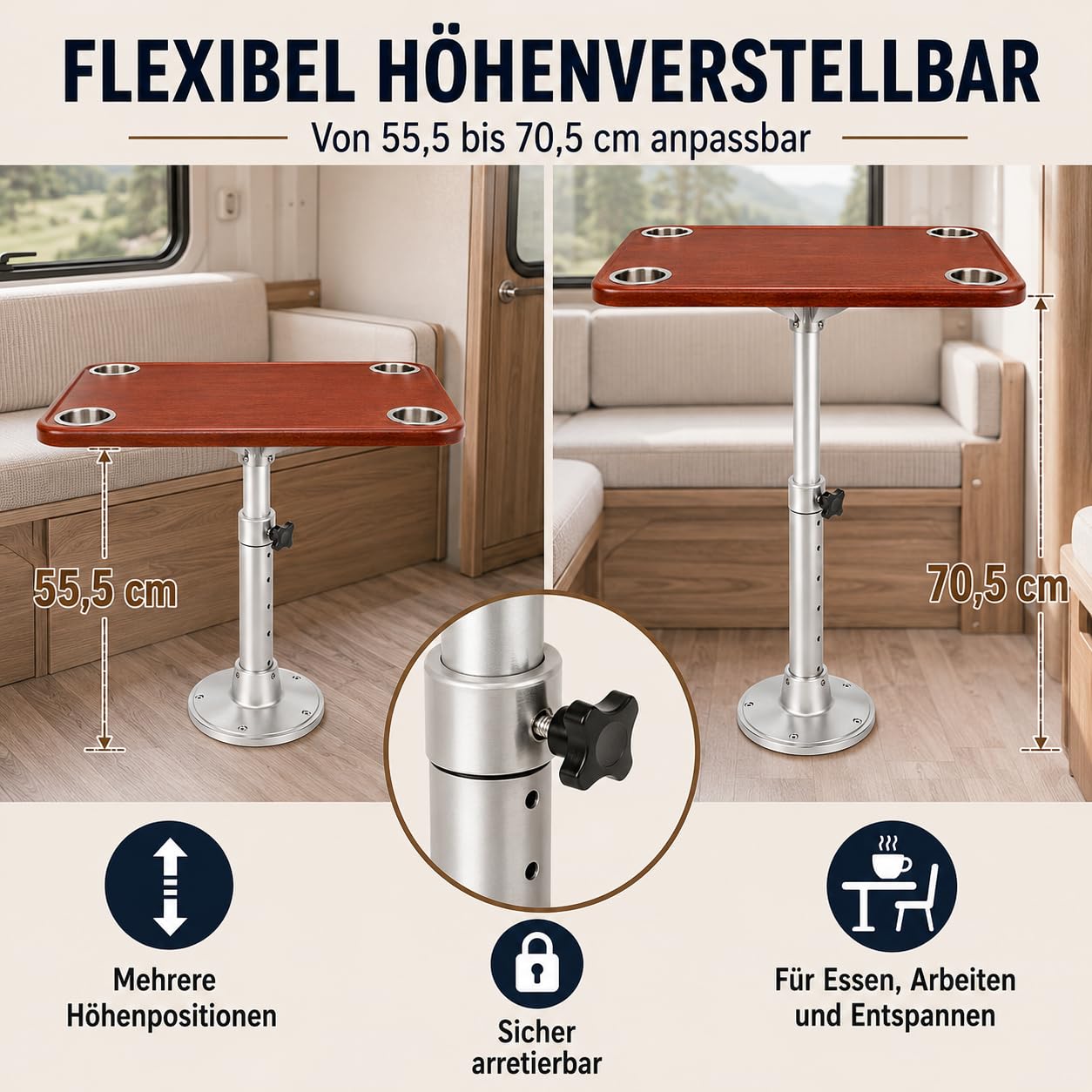 Wohnmobiltisch Teleskopisch Höhenverstellbar Abnehmbar, RV Tisch mit 4 Getränkehaltern, Eiche Tischplatte, Tisch für Caravan Wohnwagen Boot Yacht, 600x380mm Tischgestell
