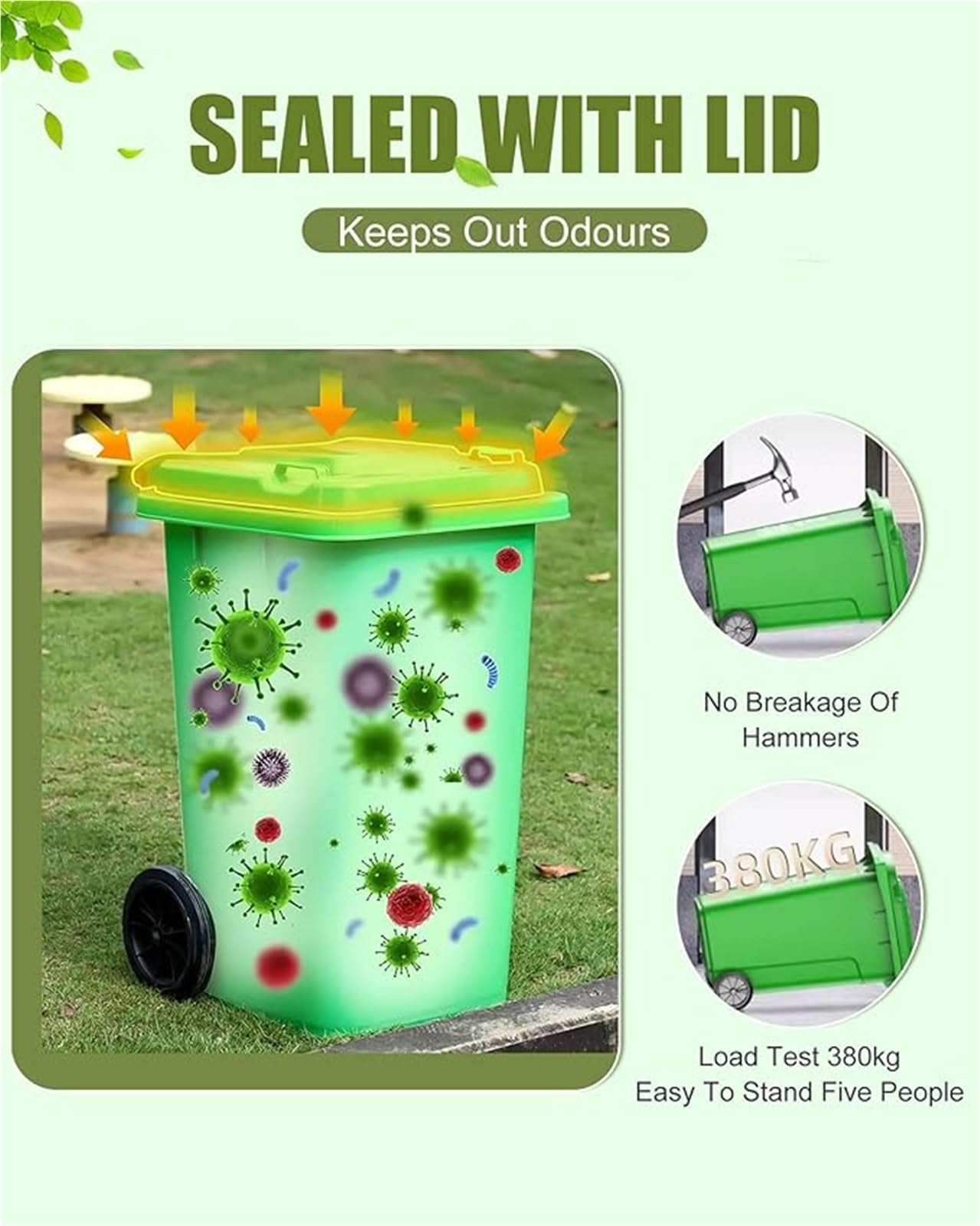Cubo Basura Grande Cocina,Cubo Basura Terraza Y Patio,Contenedor Basura con Ruedas Exteriores Con Tapa Y Bolsa Almacenamiento 100 Piezas(Green,18 Gallon)