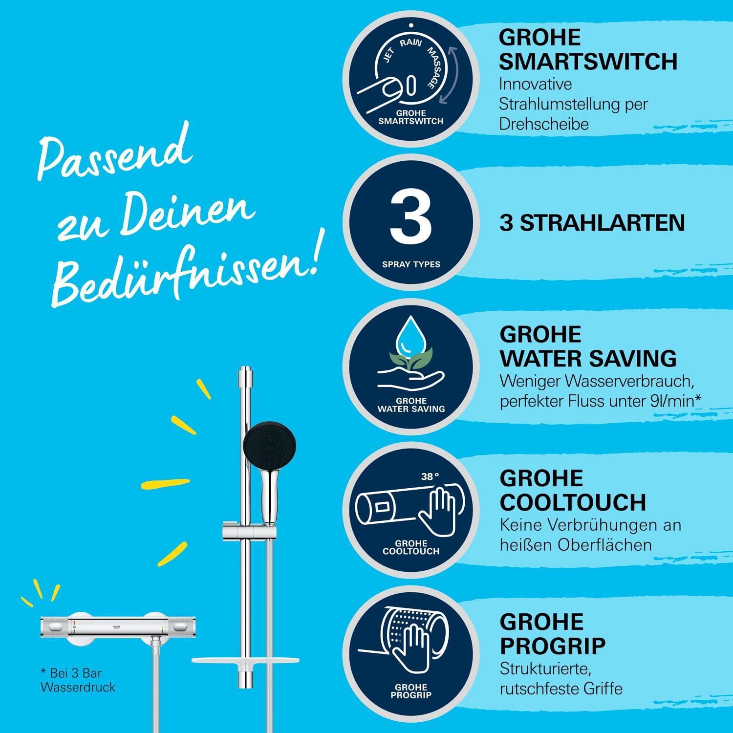 GROHE Precision Feel, Duschset mit Thermostat wassersparend, 8l pro Min (Duscharmatur hält Temperatur konstant, Duschkopf 3 Strahlarten, 1,75m Schlauch, Duschstange 60cm, 3in1 Tool), chrom, 34791001