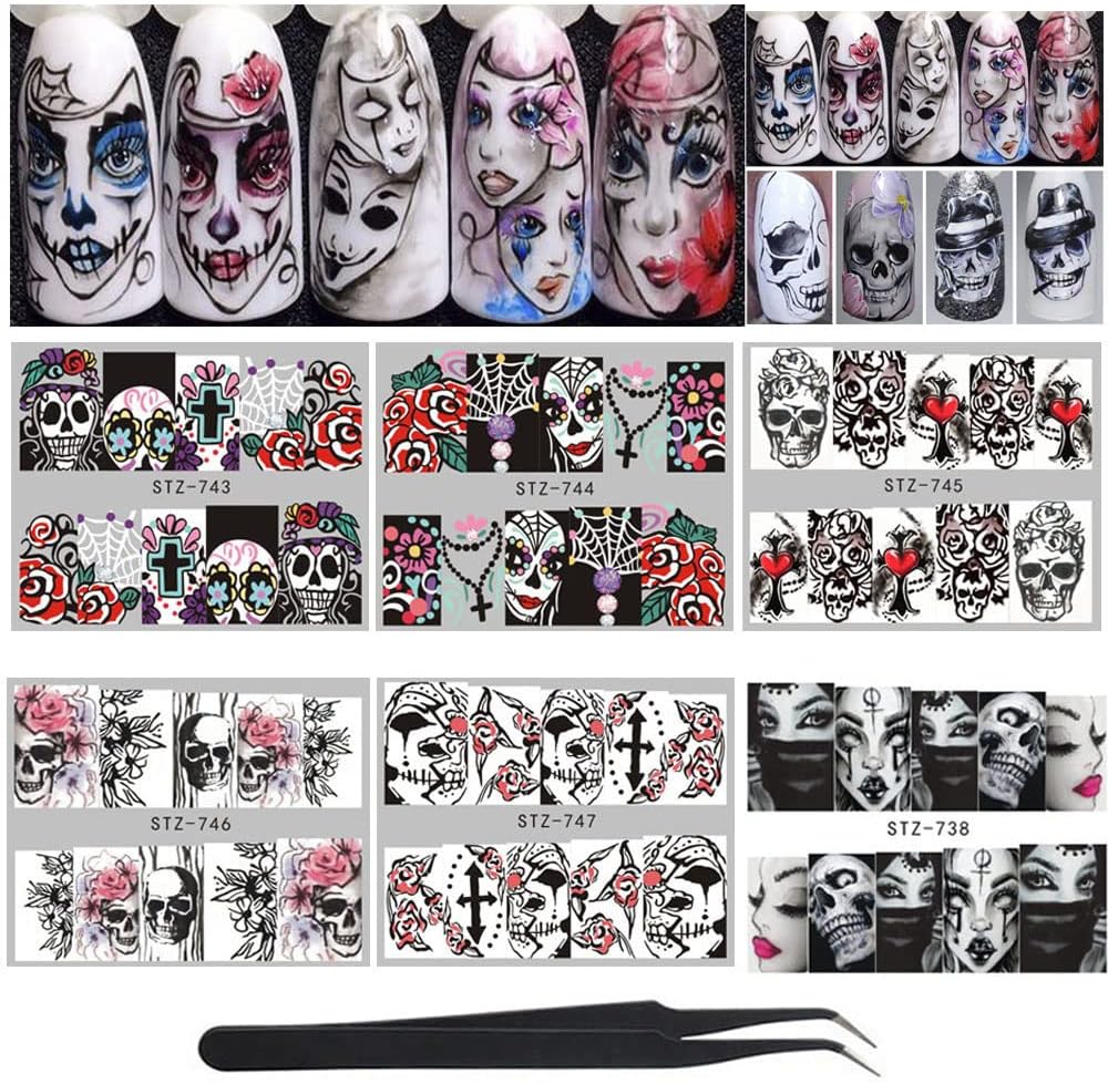 WOKOTO 25 Sheets Halloween Waterslide Nail Decals with 1Pcs Tweezers Grimace Skull Eye Nail Art Wrap Stickers Manicure Kits