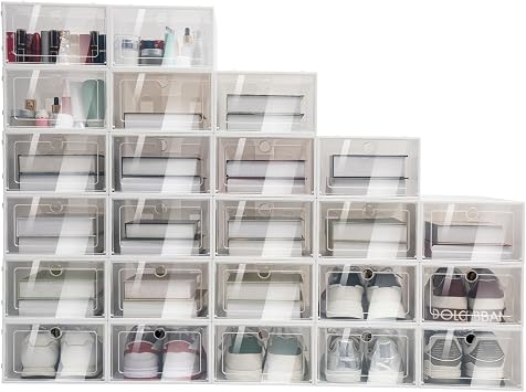 20/24pcs Plastic Shoe Box Stackable Foldable Storage Case Clear Drawer Organizer Boot Shoe Boxes Clear Plastic Stackable Shoe Closet Space Saving Foldable Shoe Rack 24Pcs