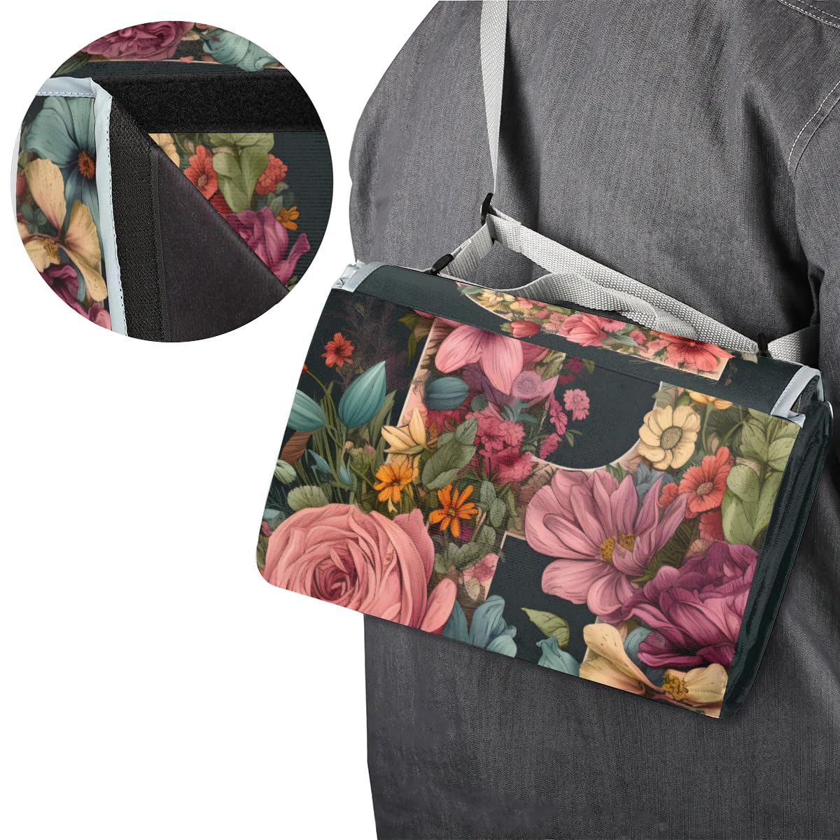 Mantas de picnic de 150 x 145 cm, diseño de flores artísticas con letra B, plegable, manta de playa para exteriores, impermeable, para playa, camping, senderismo, picnic