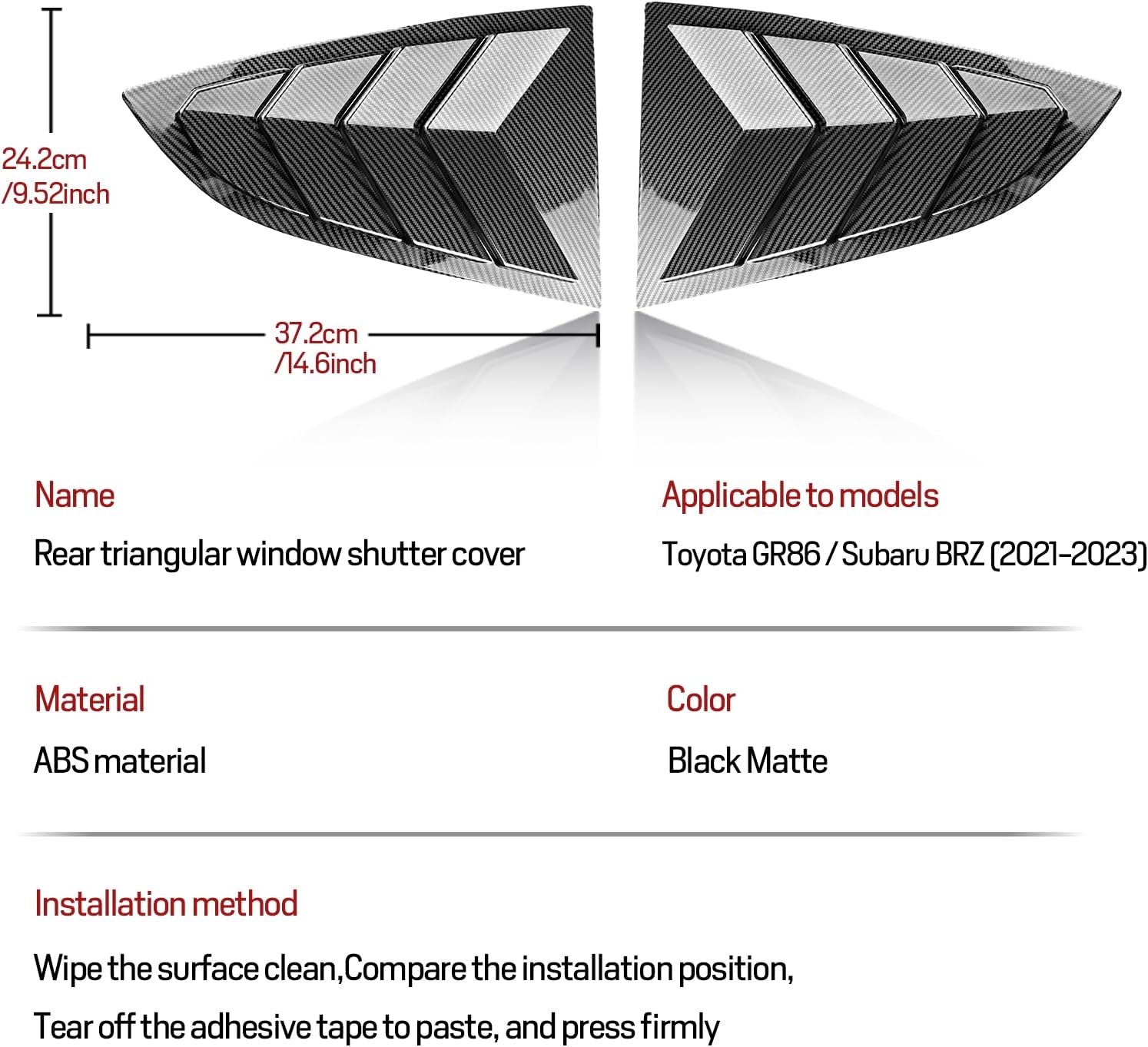 KUNGKIC for Toyota GR86 Subaru BRZ 2021 2022 2023 2024 2025 Rear Side Window Scoop Louvers Air Vent Scoop Louvers Covers ABS Sun Rain Shade Vent 2PCS Exterior Decoration Glossy Carbon Fibre Pattern