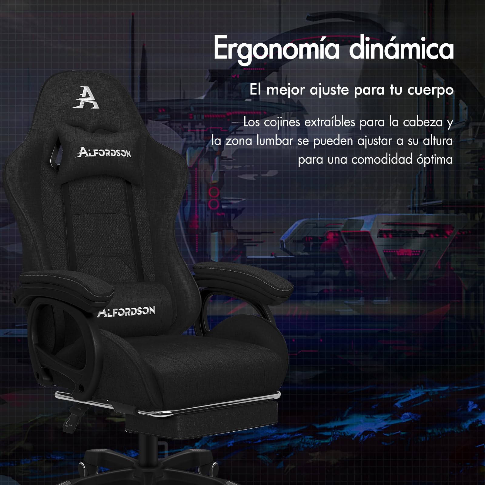 ALFORDSON Silla Gaming Oficina Reclinable con Masajeador, Silla Gamer Ergonómica con Cojín Lumbar y Cervical, Respaldo Alto Acolchado, Ideal Videojuego,Escritorio,Ordenador,Oficina, Lino(Negra)