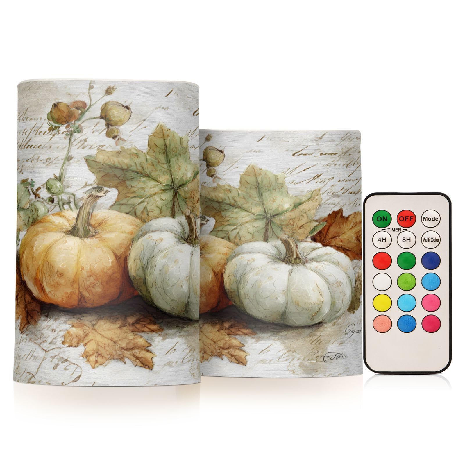 Fall Pumpkin Autumn Leaves Thanksgiving Flickering Flameless Candles Battery Operated with Remote Timer,Tea Light Candles LED Pillar Votive Candles Set of 2 for Outdoor Indoor Decorations