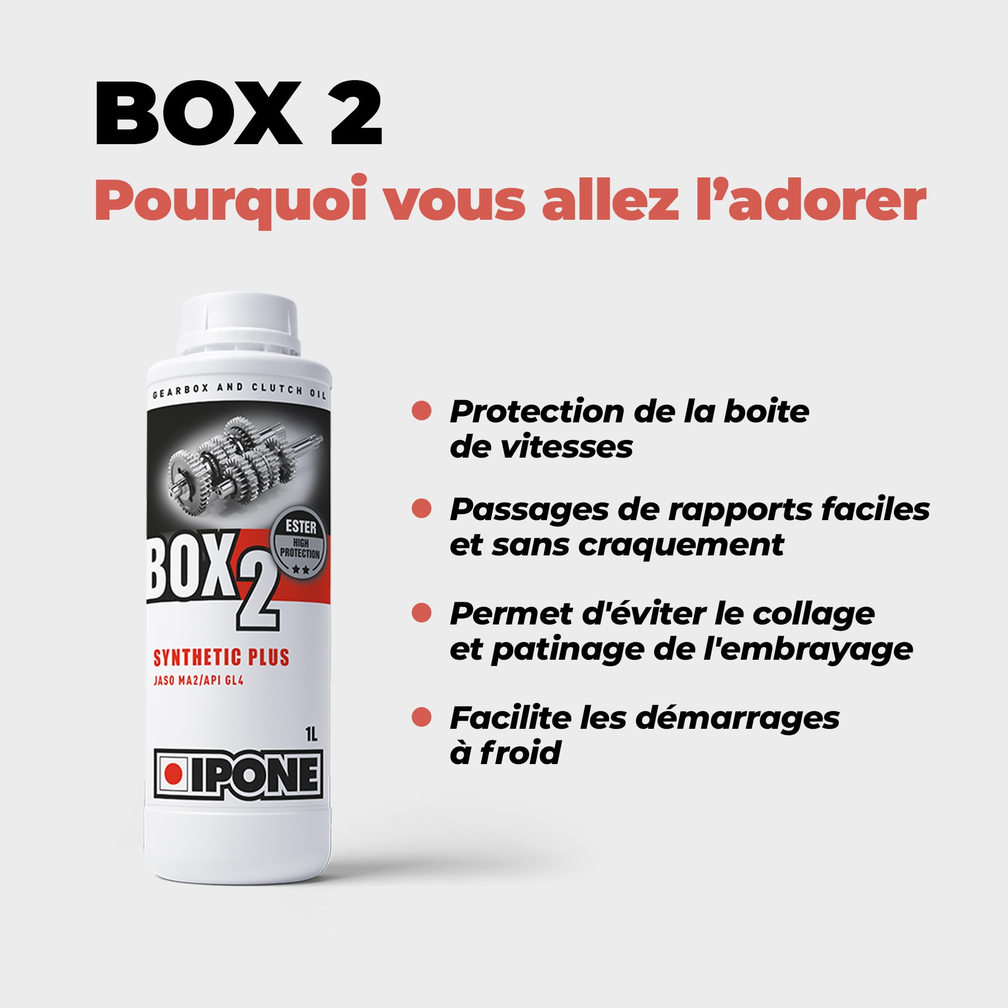 IPONE – Huile de Boîte de Vitesses Moto - Box 2 - Bidon 1L – Semi-Synthétique à Base d’Esters - Haute Performance, Noir - 2