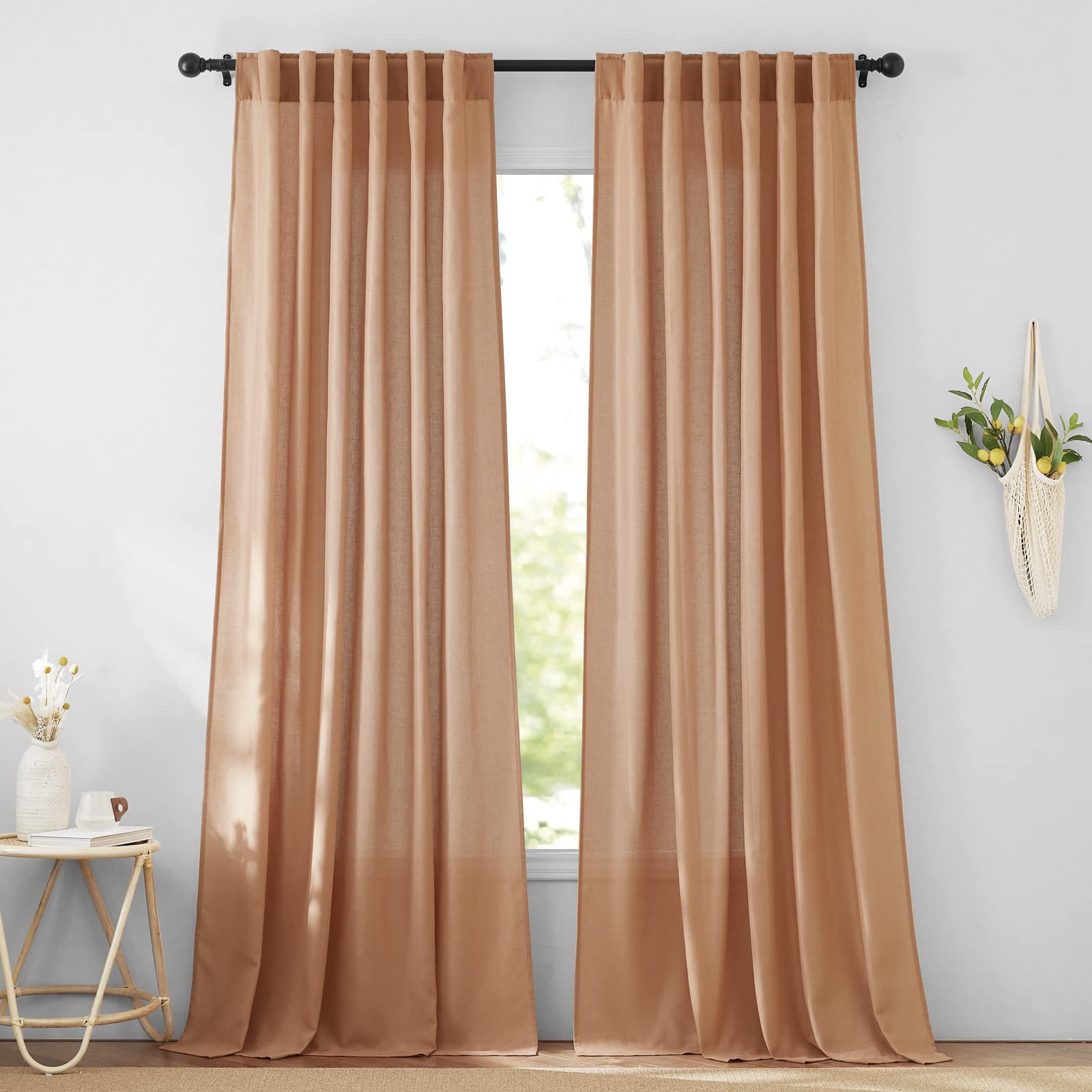 StangHLinen Sheer Curtains for Living Room, Semi Transparent Bedroom Curtains & Drapes Farmhouse Light Soften Fall Drapery for Room Divider Sliding Door, Terracotta, W55 x L90, 2 Panels