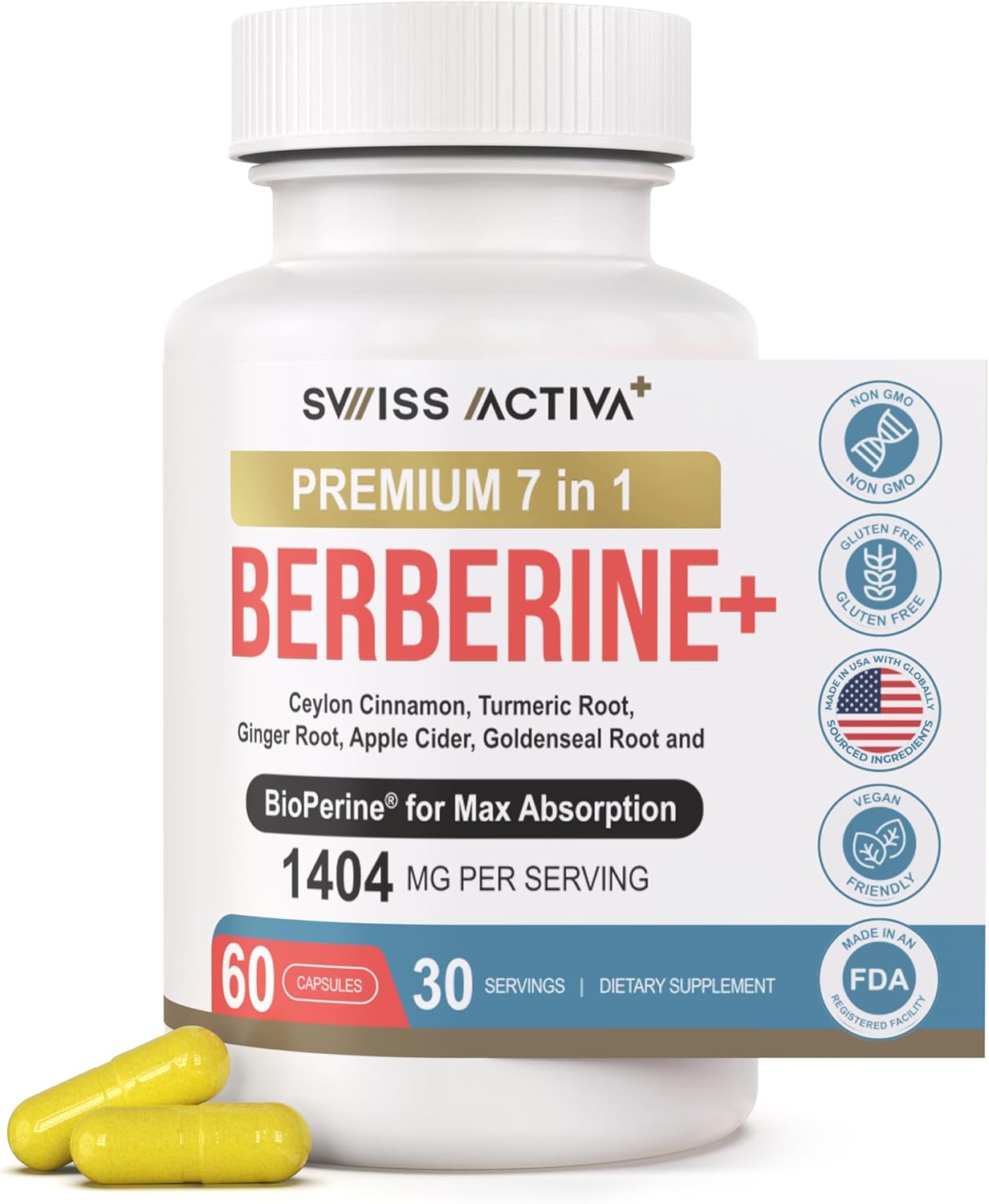 Swiss Activa+ Labs Organic Berberine 7-in-1 Supplement with Bioperine | Ceylon Cinnamon | Turmeric Root | Ginger Root | Apple Cider Vinegar | Metabolic & Digestive Support | 30-Days Supply