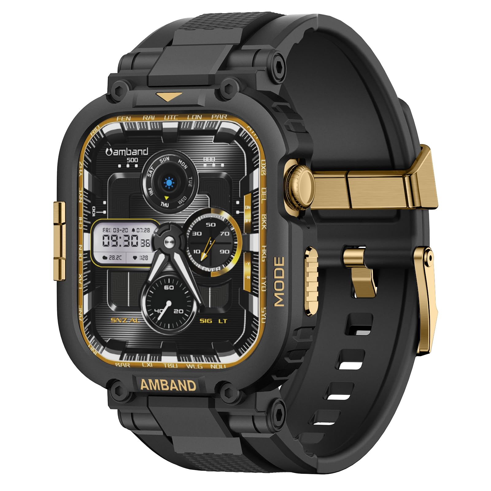 Photo 1 of amBand for Apple Watch Series 11/10 42mm Bands Case for Men, M1 Sport Rugged Heavy Duty Bumper Protector Tactical Strap Military Protective Cover for iWatch Workout Accessory 42 mm - Black Gold