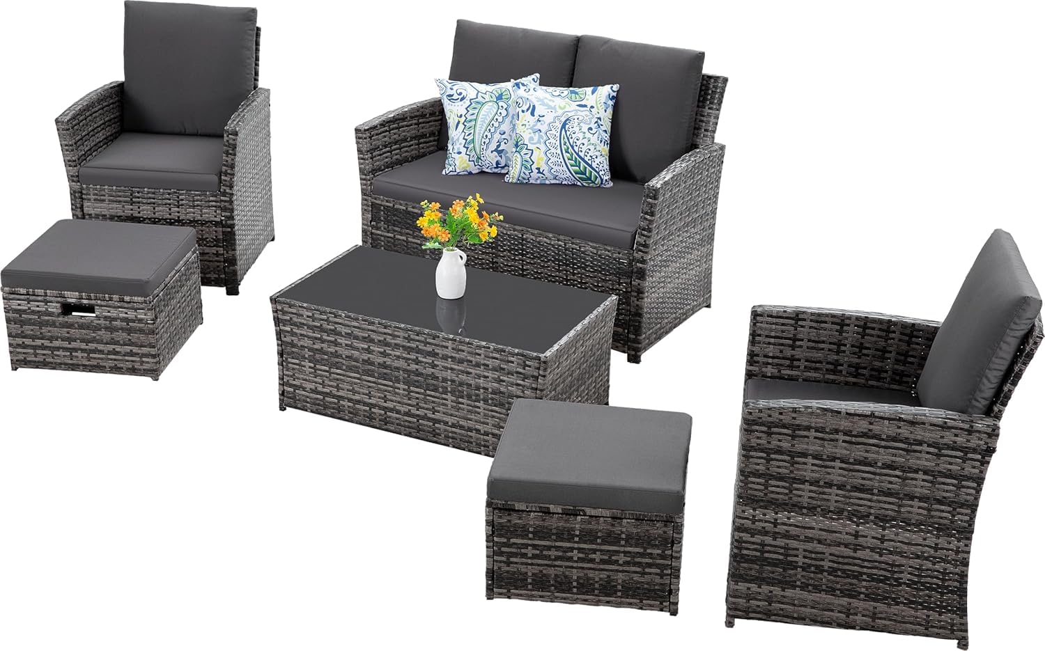 (incomplete 1 box only)Patio Outdoor Furniture 6 Pieces Sectional Sofa Set Balcony Furniture Wicker Rattan Chairs with Table, Ottoman and Loveseat for Garden, Porch, Backyard, Grey Wicker/Grey Cushion