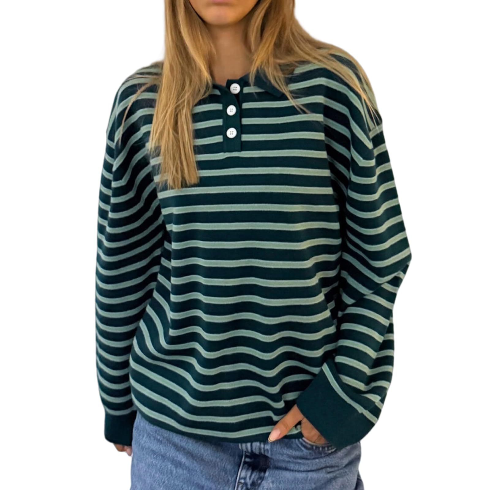 Oversized Striped Sweater for Women Collared Long Sleeve Preppy Polo Sweater Vintage Aesthetic Knitted Rugby Shirts