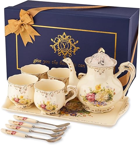 YOLIFE Porcelain Tea Set, Vintage Flowering Shrubs Teapot and Cups Set for Tea Party, Birthday Gifts for Mom Adults Women Wedding Arbustos