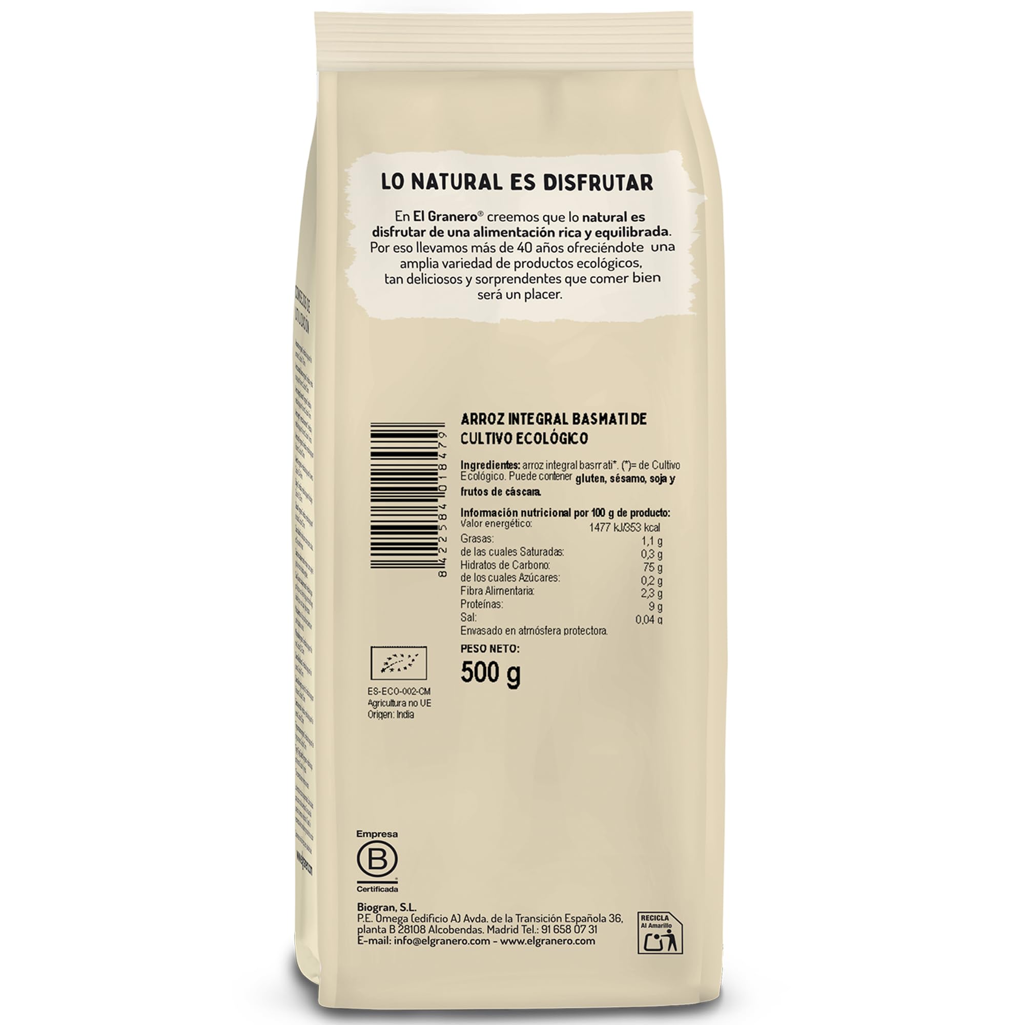 El Granero Integral - Arroz Integral Basmati Ecológico - Cultivo Ecológico - Aroma Suave y Textura Ligera - Ideal para Guarniciones y Platos Saludables - 500 g