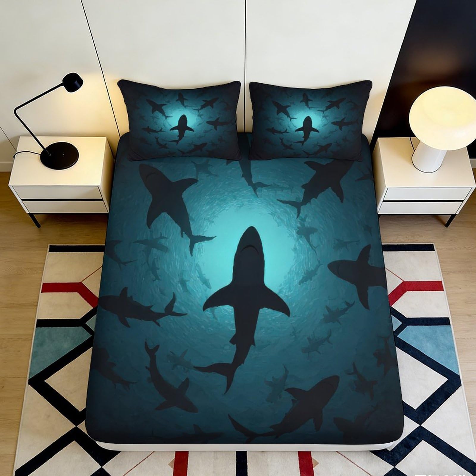 3D Printed Shark Ocean Fitted Sheet Microfiber Soft Blue Sea Bed Cover for Bedroom Guest Room Mattress Decor 90x200x25cm