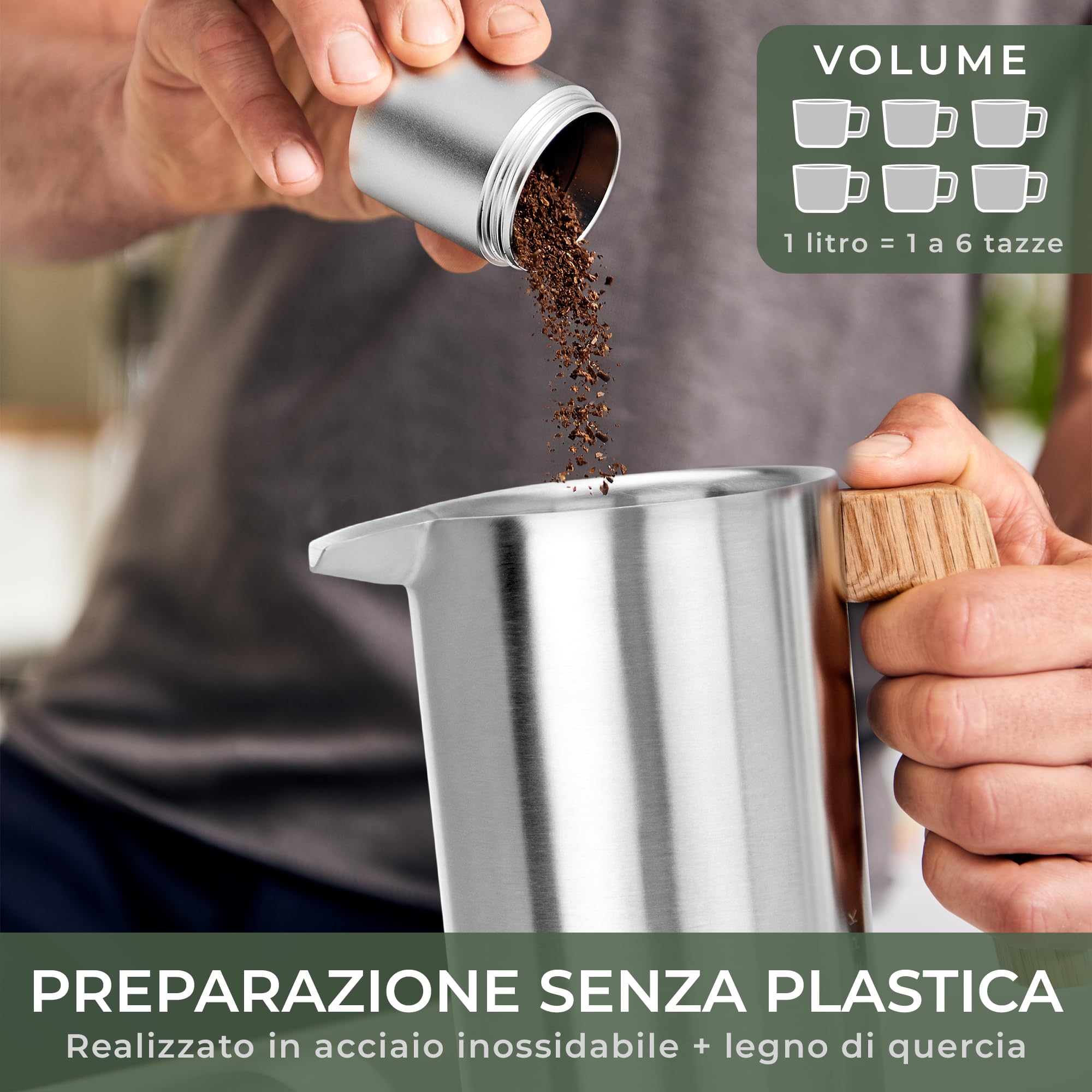 WALDWERK French Press (1L) – Caffettiera napoletana in acciaio inox a doppia parete con manico in legno di quercia – Orziera - Tisaniera Infusiera senza plastica