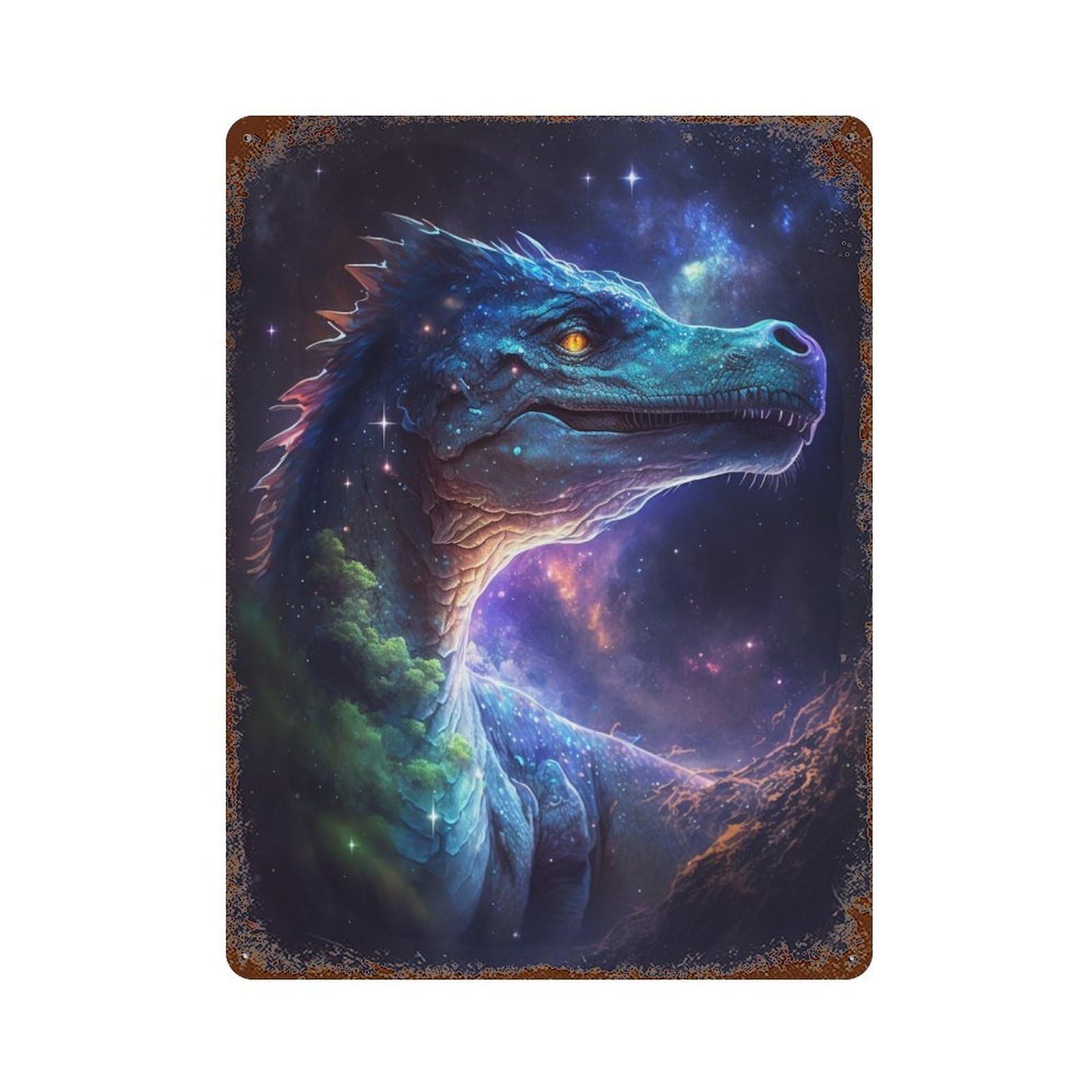 Galactic Dinosaur Art Print-8 Rustic Tin Plaque 15.7"x11.8", for Pub, Kitchen And Man Cave Decor, Vintage Wall Decor