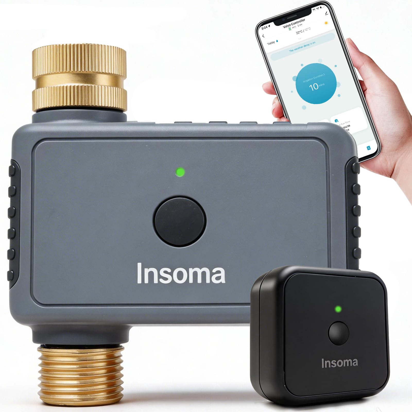 Insoma Temporizador de agua WiFi con entrada y salida de latón, temporizador inteligente de aspersor + retraso automático/manual/lluvia para jardín, temporizadores de manguera con concentrador, hasta