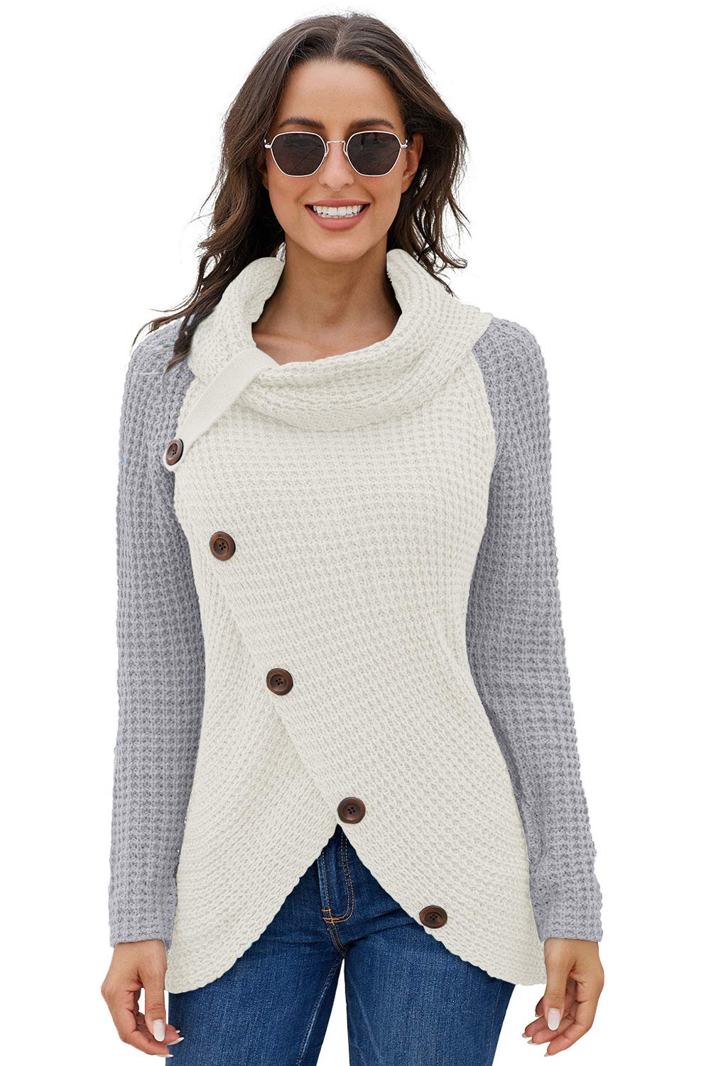 Itbclove Women's White-Gray Button Turtle Cowl Neck Sweater Asymmetric Hem Wrap Knitted Pullover Casual Jumper Tops (,M)