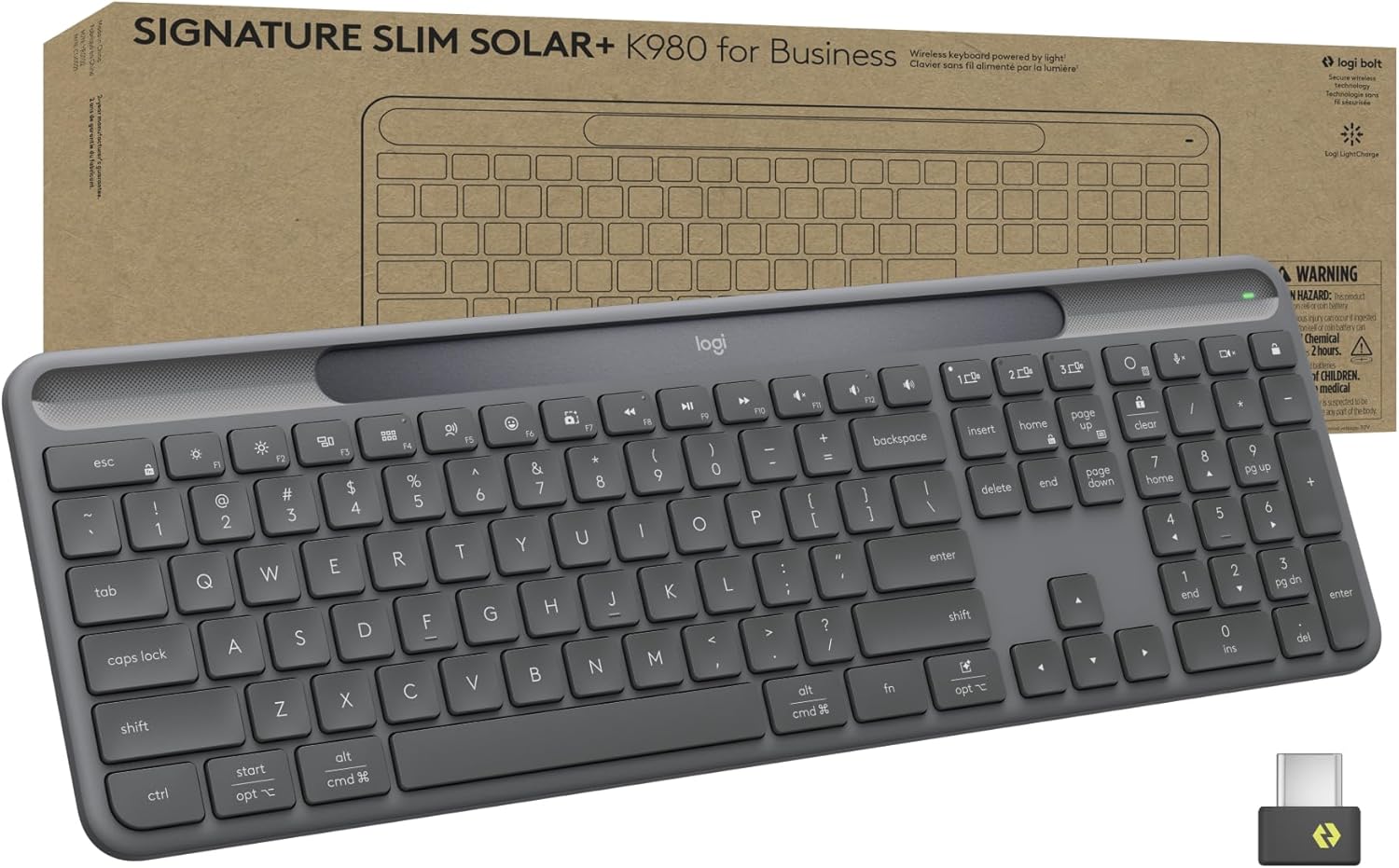 Logitech Signature Slim Solar+ Wireless Bluetooth Keyboard K980 for Business, Quiet Typing, Secure Receiver, Windows, Mac - Graphite Keyboard Light Powered - Image 1 of 11