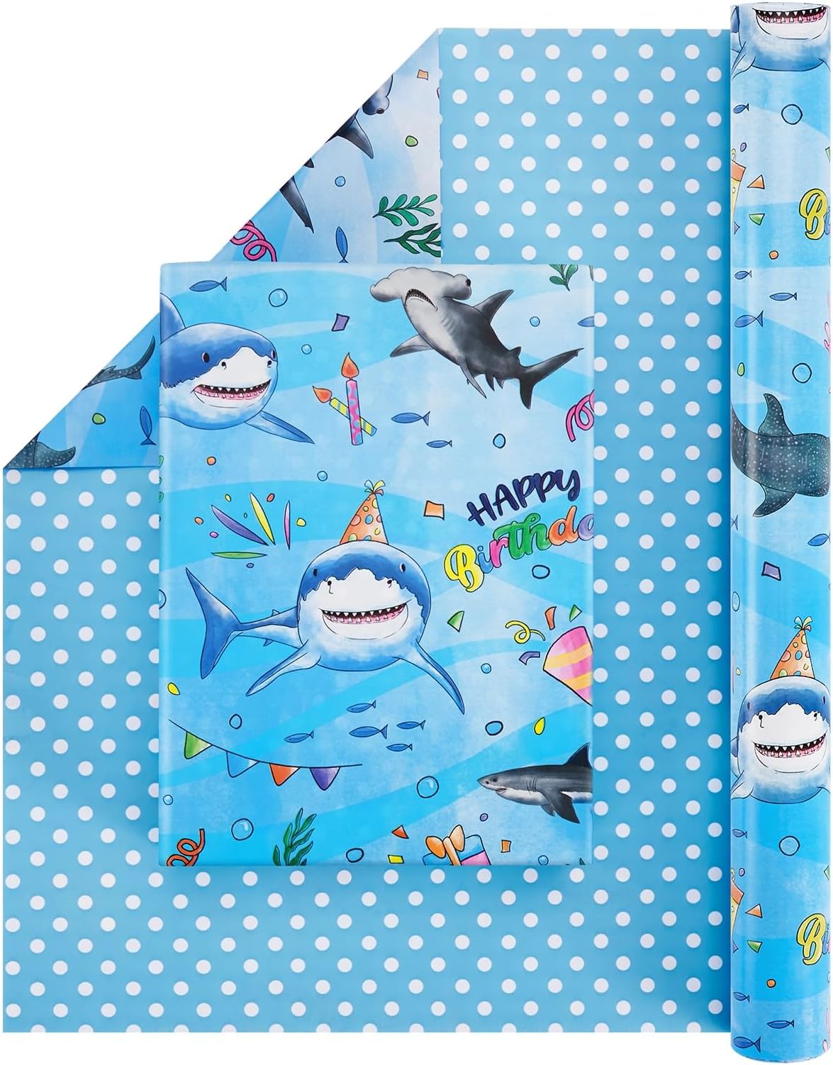 Shark Reversible Wrapping Paper Roll - 1 Roll 17” x 33 ft Happy Birthday Wrapping Paper Roll Kids Blue Ocean Birthday Gift Wrap Roll Boys Wrapping Paper Polka Dot Design Summer Bday Party Favor