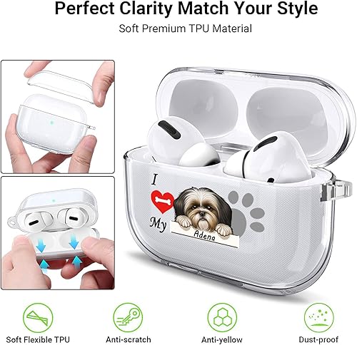 Miniatura 2 de Funda transparente personalizada con nombre de mascota I Love My Shih Tzu Dog Haedphone para Apple AirpodS Pro 21 y 3 generación, funda protectora