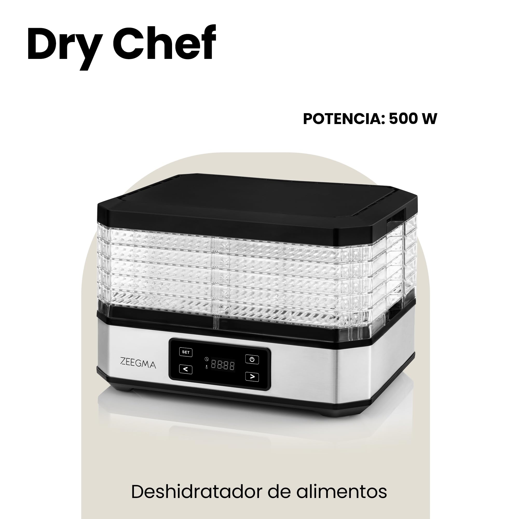 Zeegma Dry Chef - Deshidratador de Alimentos 500W, 6 Bandejas Expansibles, Termostato Ajustable 35-70°C, Temporizador 72h, Sistema de Circulación de Aire, Ideal para Frutas, Verduras, Setas y Carne