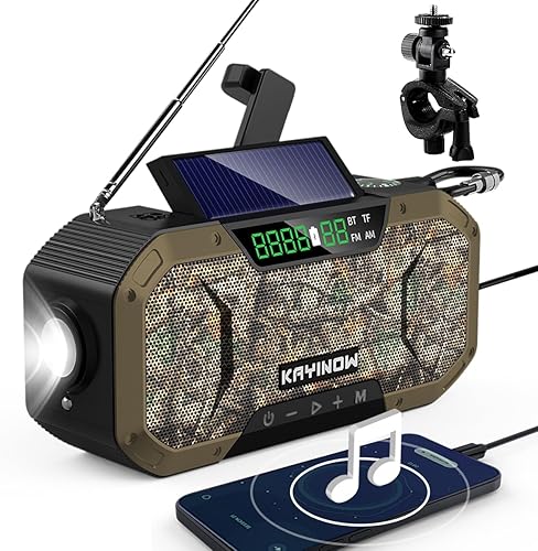 Bluetooth Radio de emergencia Altavoz impermeable, radio AM FM portátil, radio de energía solar con manivela, batería de 5000 mAh, radio